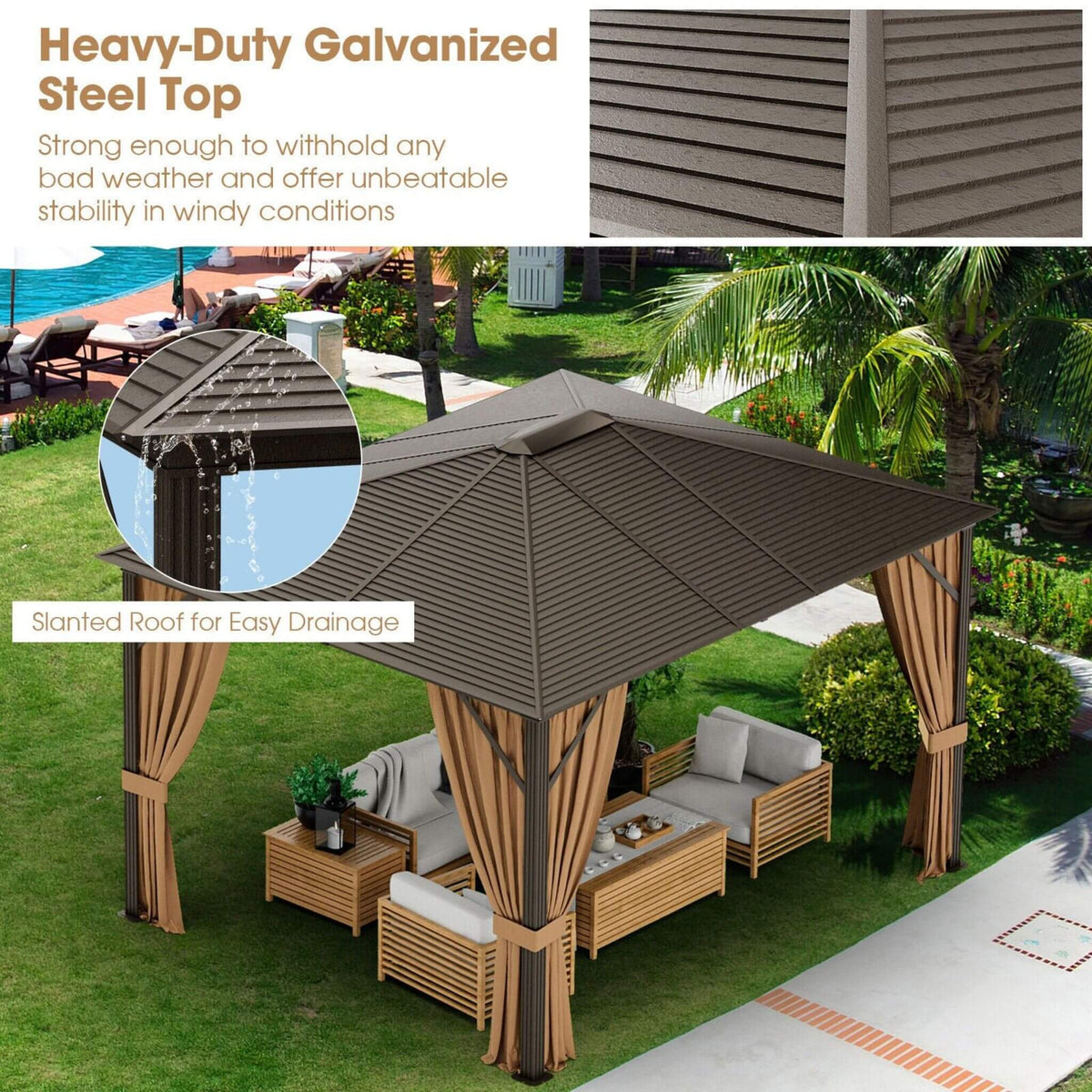 10x12ft Hardtop Patio Gazebo with Galvanized Steel Top & Aluminum Frame