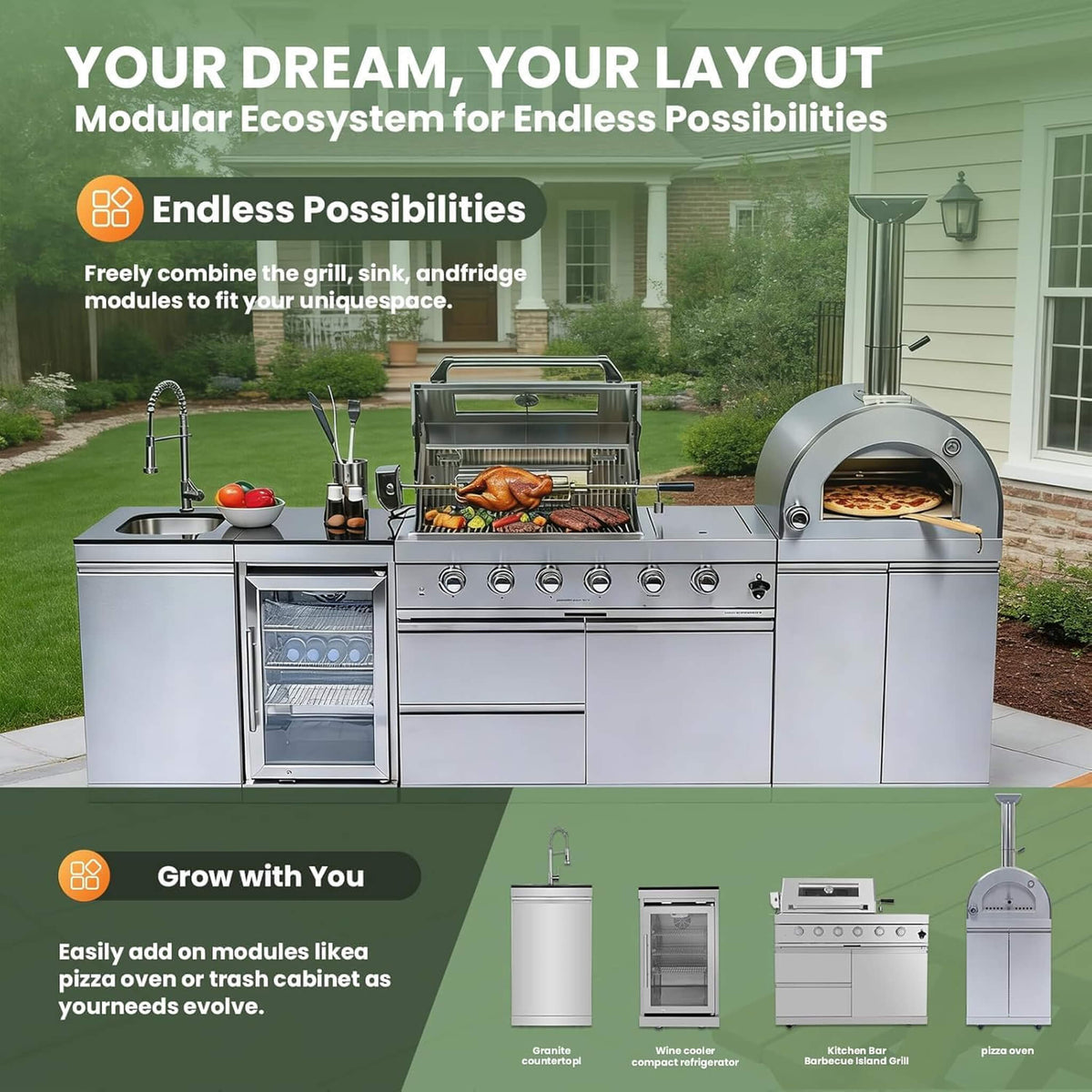 112-Inch 4-Burner 108,000 BTU Outdoor Kitchen Island with Pizza Oven & Rotisserie