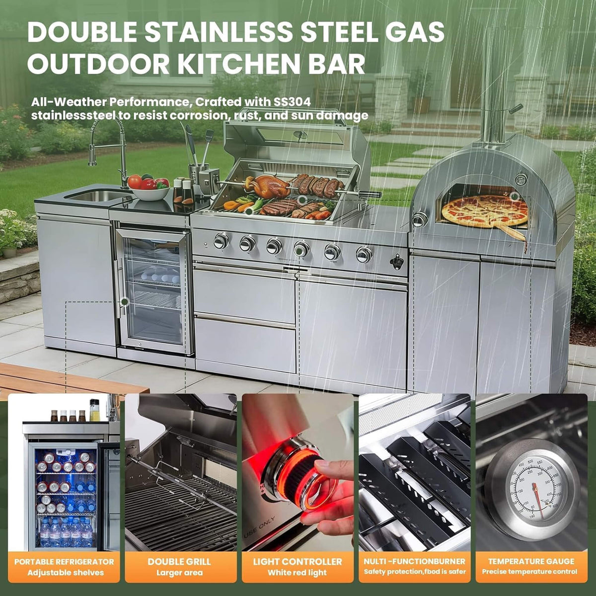 112-Inch 4-Burner 108,000 BTU Outdoor Kitchen Island with Pizza Oven & Rotisserie