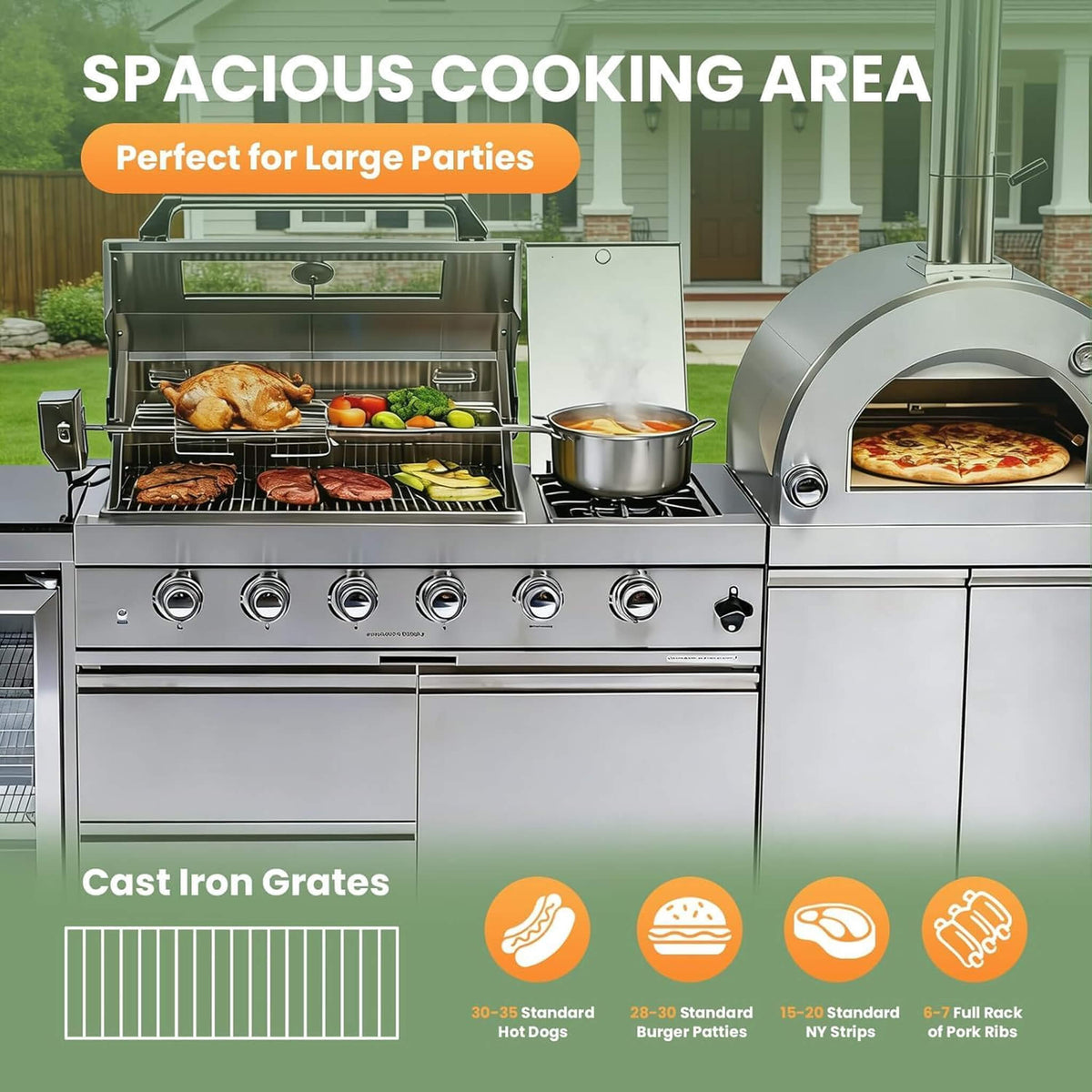 112-Inch 4-Burner 108,000 BTU Outdoor Kitchen Island with Pizza Oven & Rotisserie
