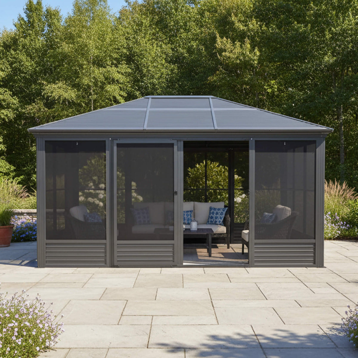 11x14ft Aluminum Hardtop Gazebo Sunroom with Sliding Doors & PVC Screens