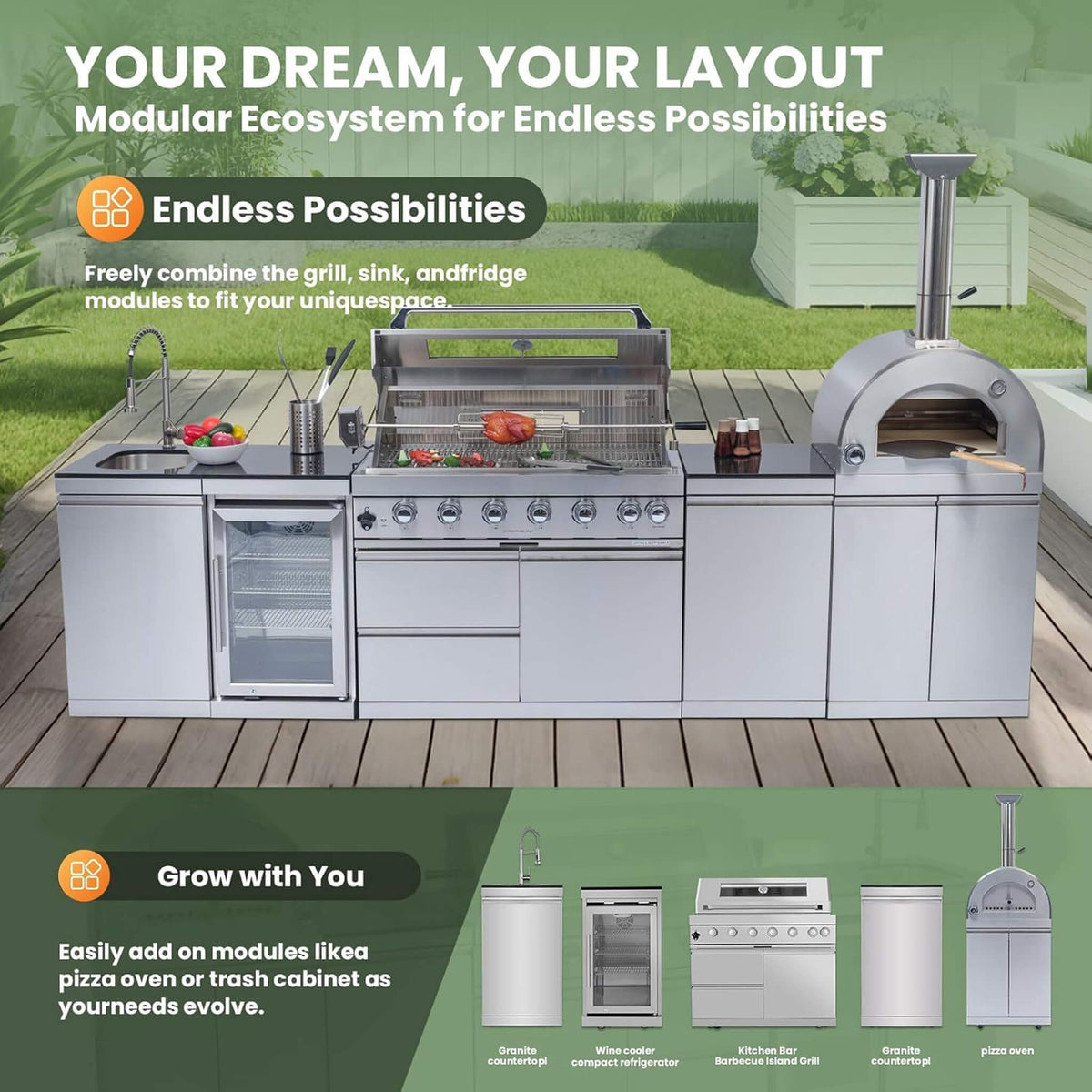 128-Inch 6-Burner 120,000 BTU Outdoor Kitchen Island with Pizza Oven & Rotisserie