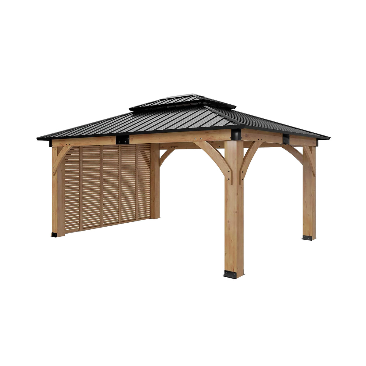 12x14ft Double-Tier Hardtop Spruce Wood Gazebo with Privacy Wall