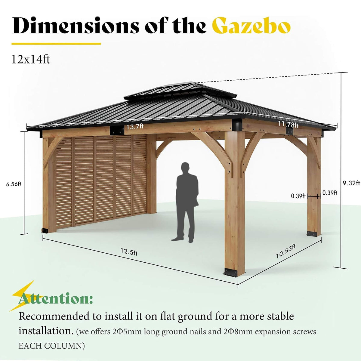 12x14ft Double-Tier Hardtop Spruce Wood Gazebo with Privacy Wall
