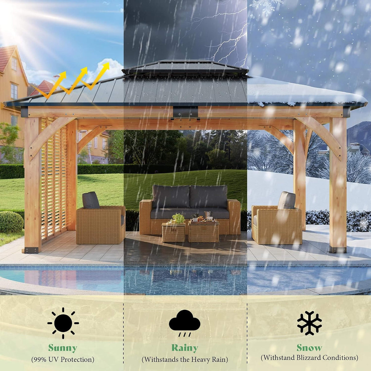 12x14ft Double-Tier Hardtop Spruce Wood Gazebo with Privacy Wall
