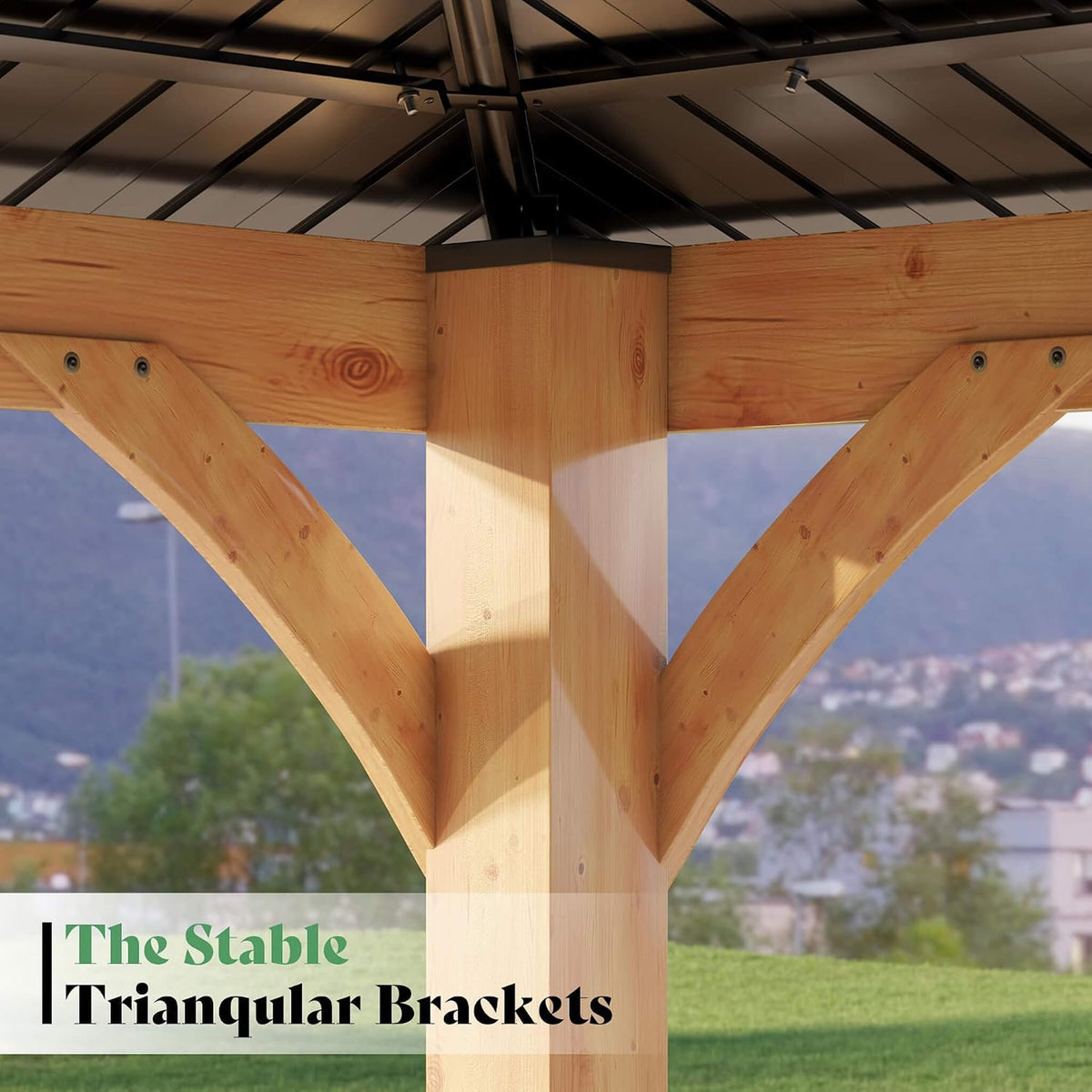 12x14ft Double-Tier Hardtop Spruce Wood Gazebo with Privacy Wall