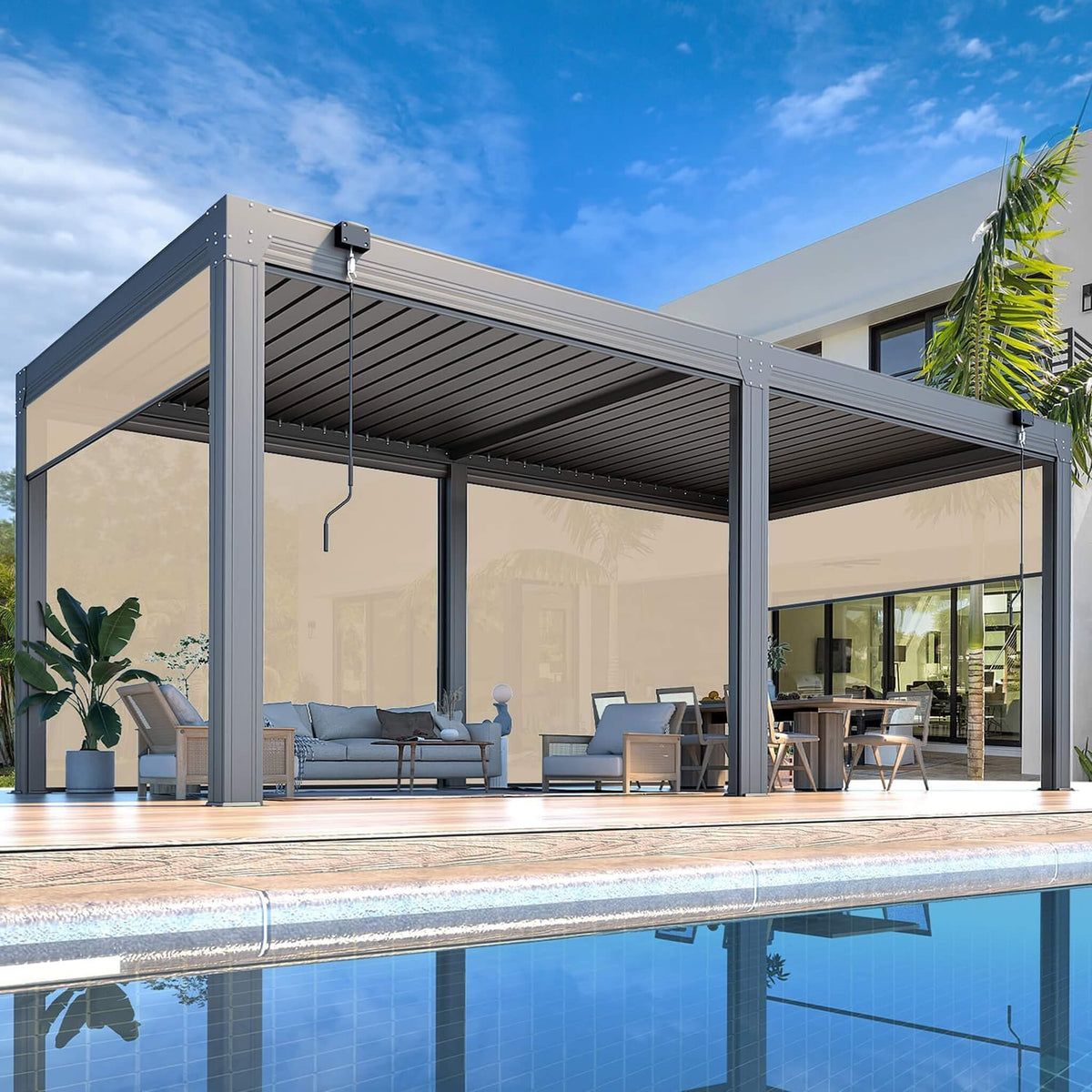 Louvered Aluminum Pergola with Adjustable Roof & Pull-Down Screens
