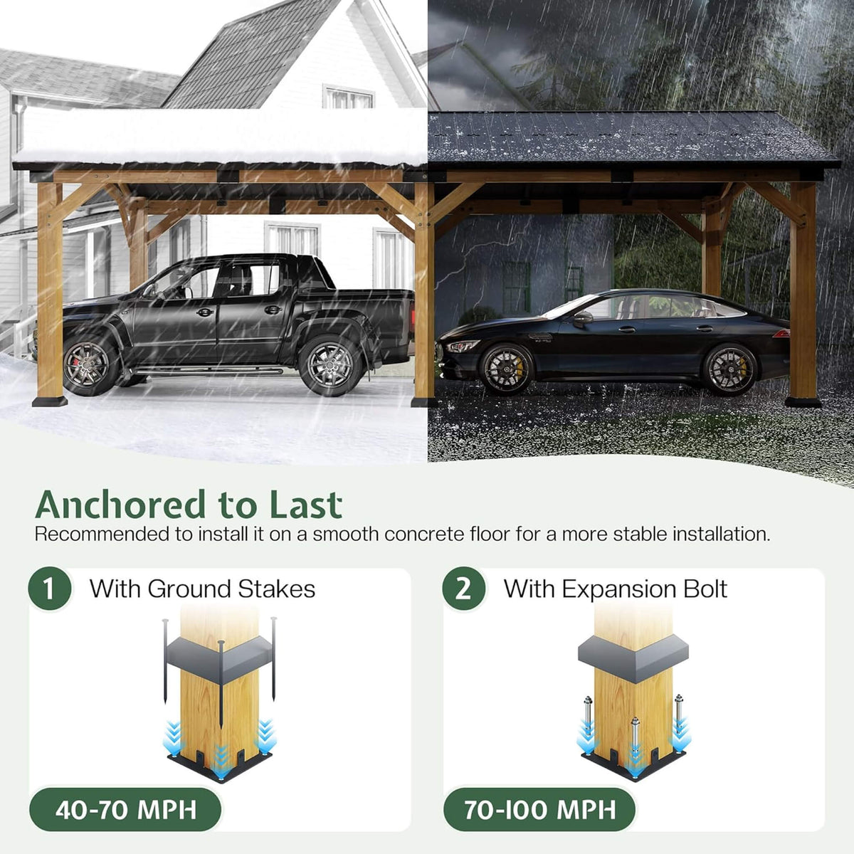 12x24ft Large Heavy-Duty Cedar Wood Hardtop Carport with Galvanized Steel Roof