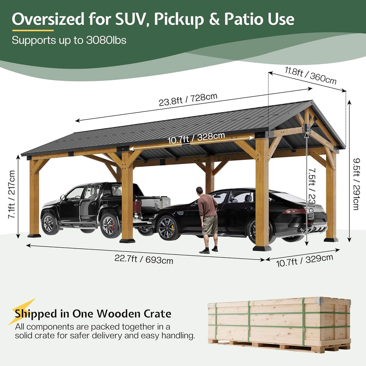 12x24ft Large Heavy-Duty Cedar Wood Hardtop Carport with Galvanized Steel Roof