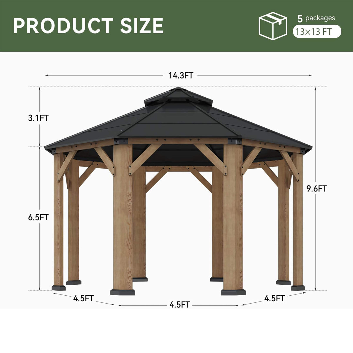 13x13ft Cedar Wood Galvanized Steel Hardtop Double Roof Gazebo