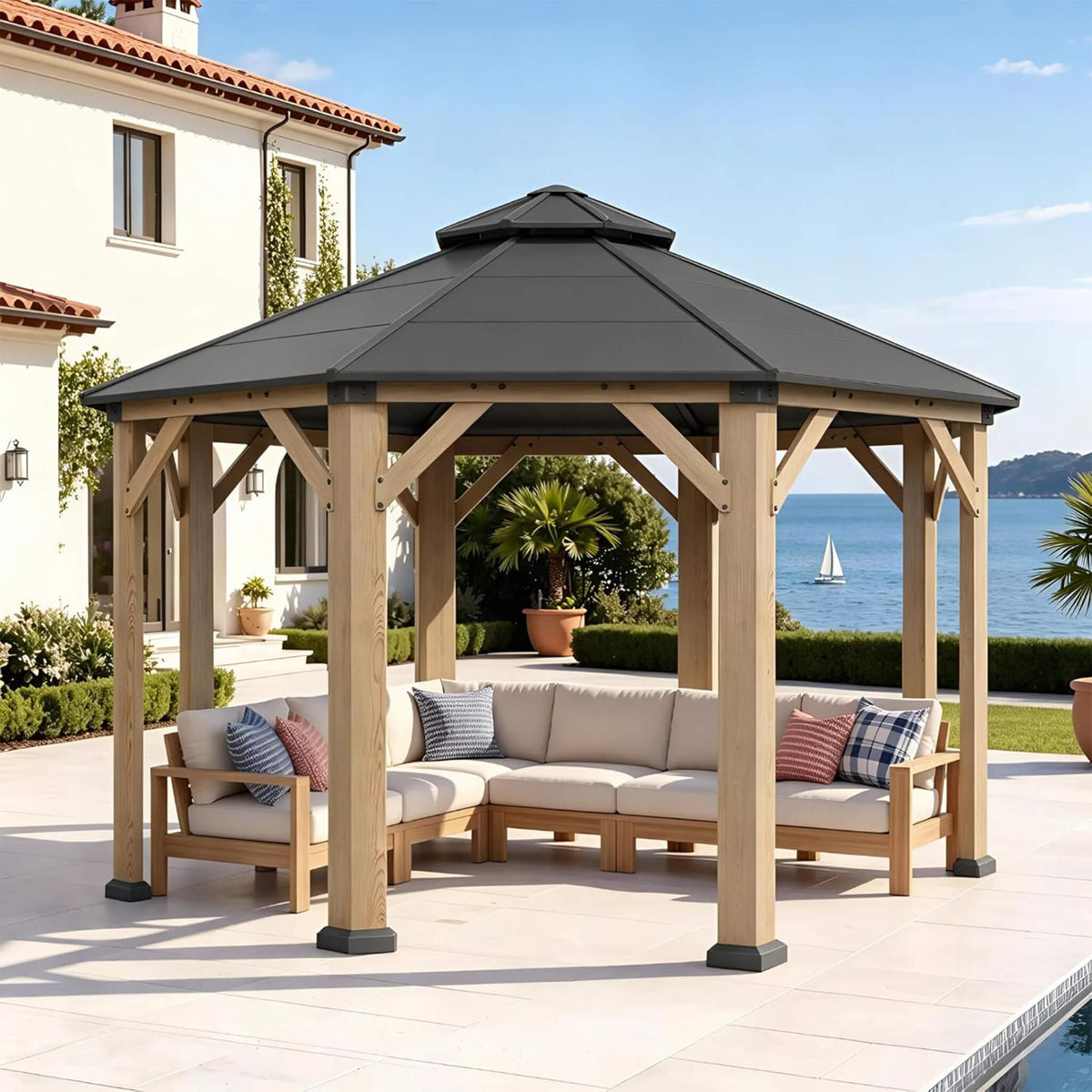 13x13ft Cedar Wood Galvanized Steel Hardtop Double Roof Gazebo