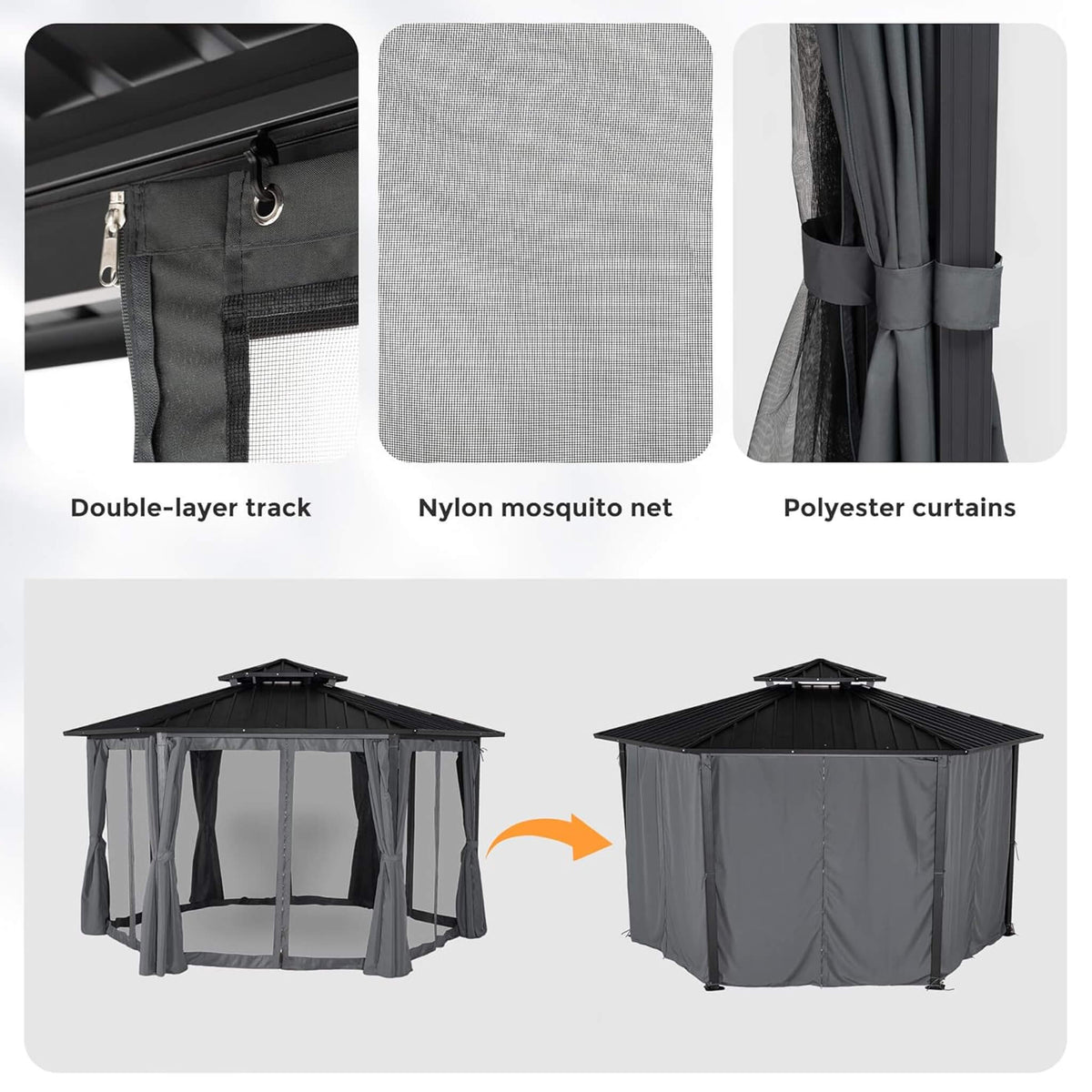 13x15ft Hardtop Hexagonal Gazebo with Curtains & Netting