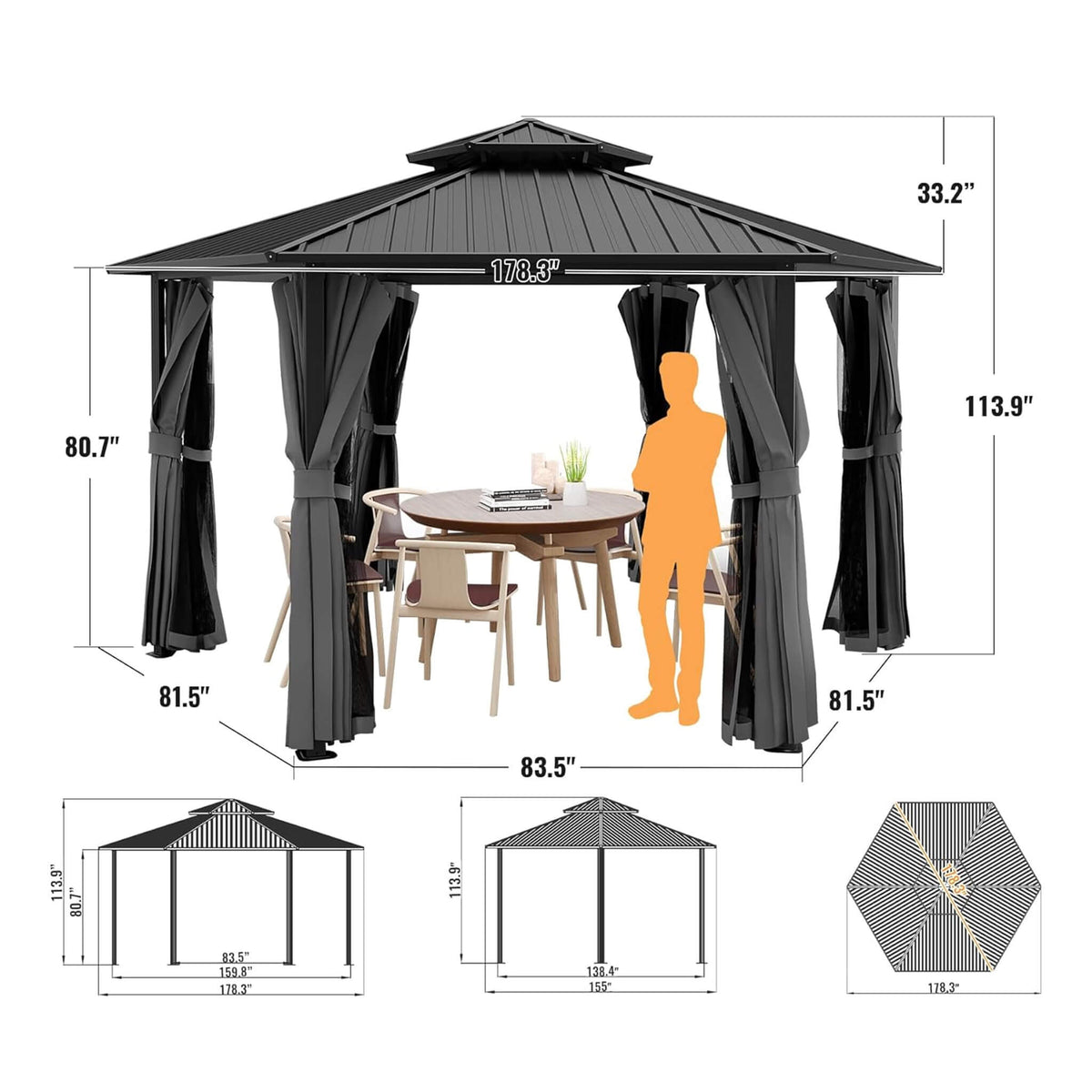 13x15ft Hardtop Hexagonal Gazebo with Curtains & Netting