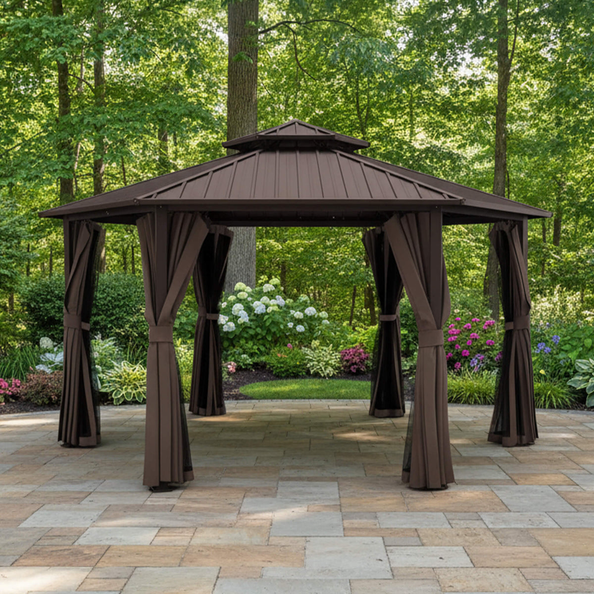 13x15ft Hardtop Hexagonal Gazebo with Curtains & Netting
