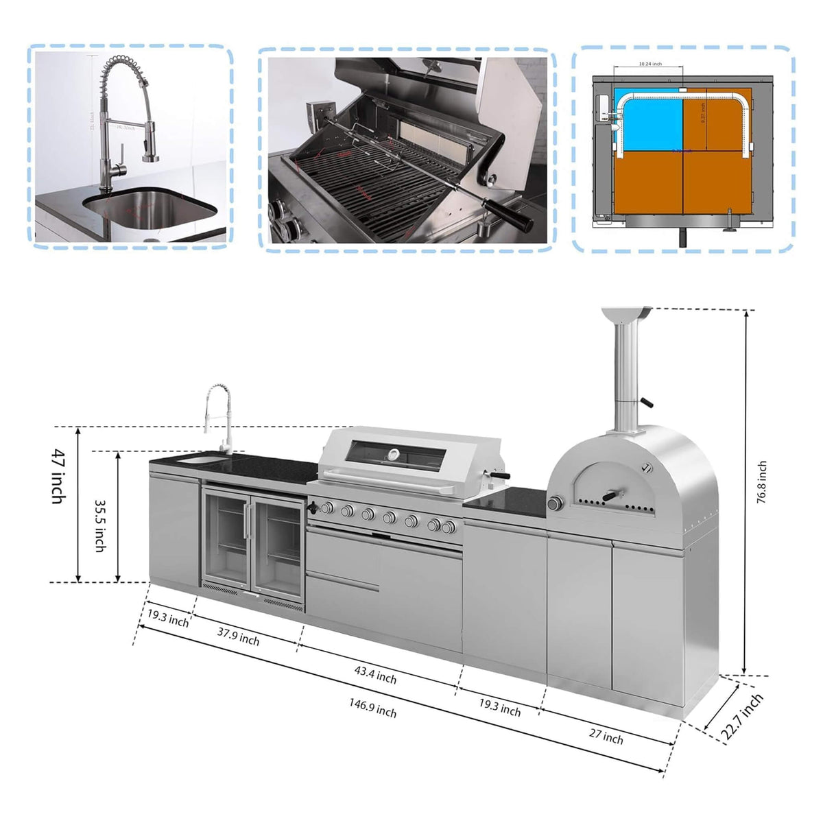 147-Inch 6-Burner 120,000 BTU Outdoor Kitchen Island with Pizza Oven & Rotisserie