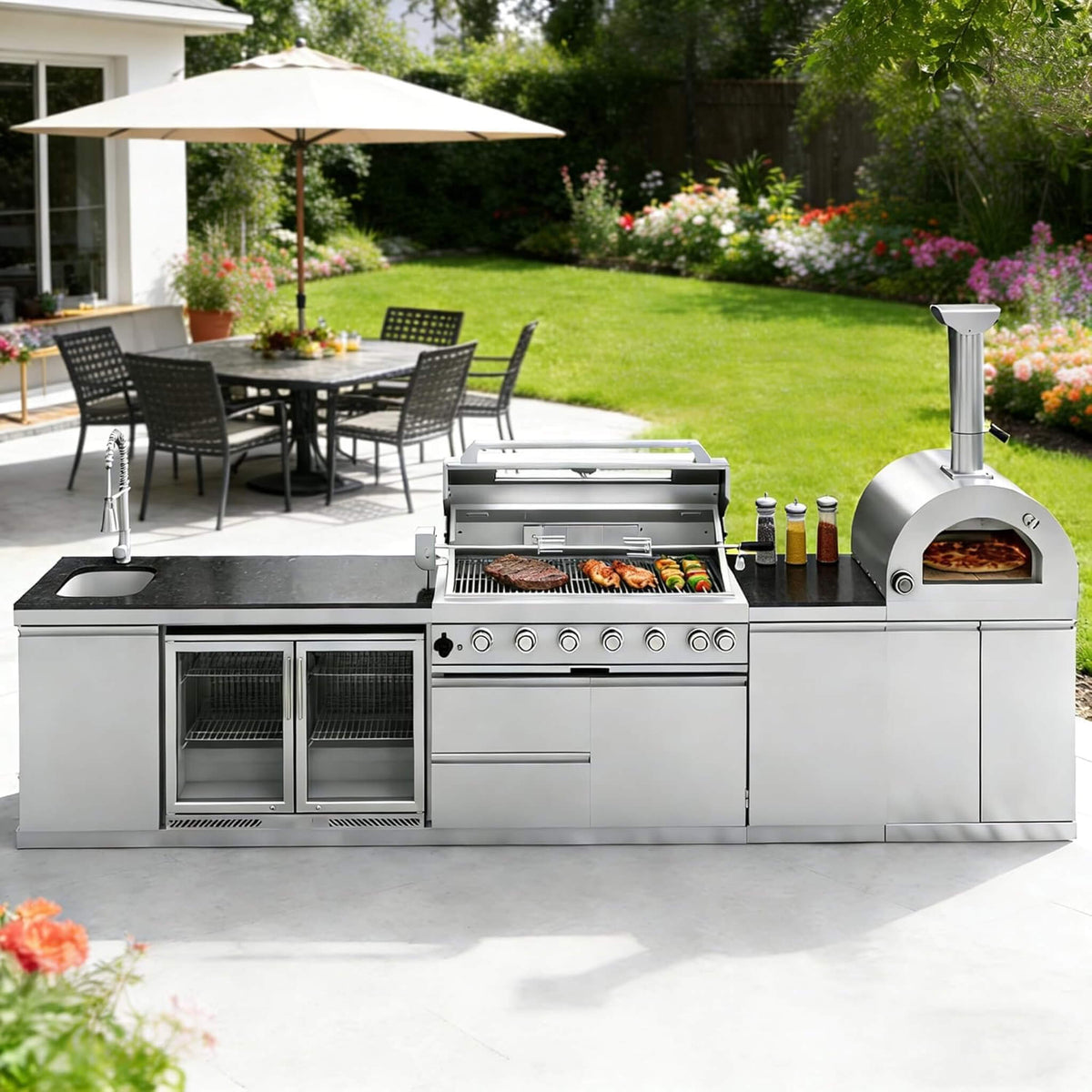 147-Inch 6-Burner 120,000 BTU Outdoor Kitchen Island with Pizza Oven & Rotisserie
