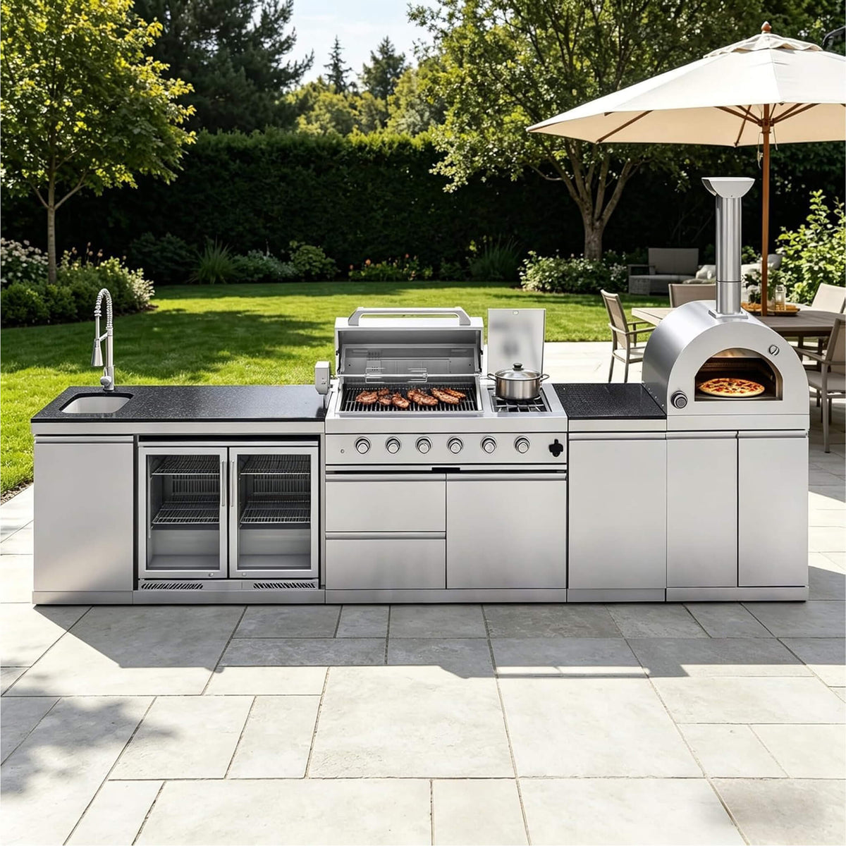 150-Inch 4-Burner 108,000 BTU Outdoor Kitchen Island with Pizza Oven & Rotisserie