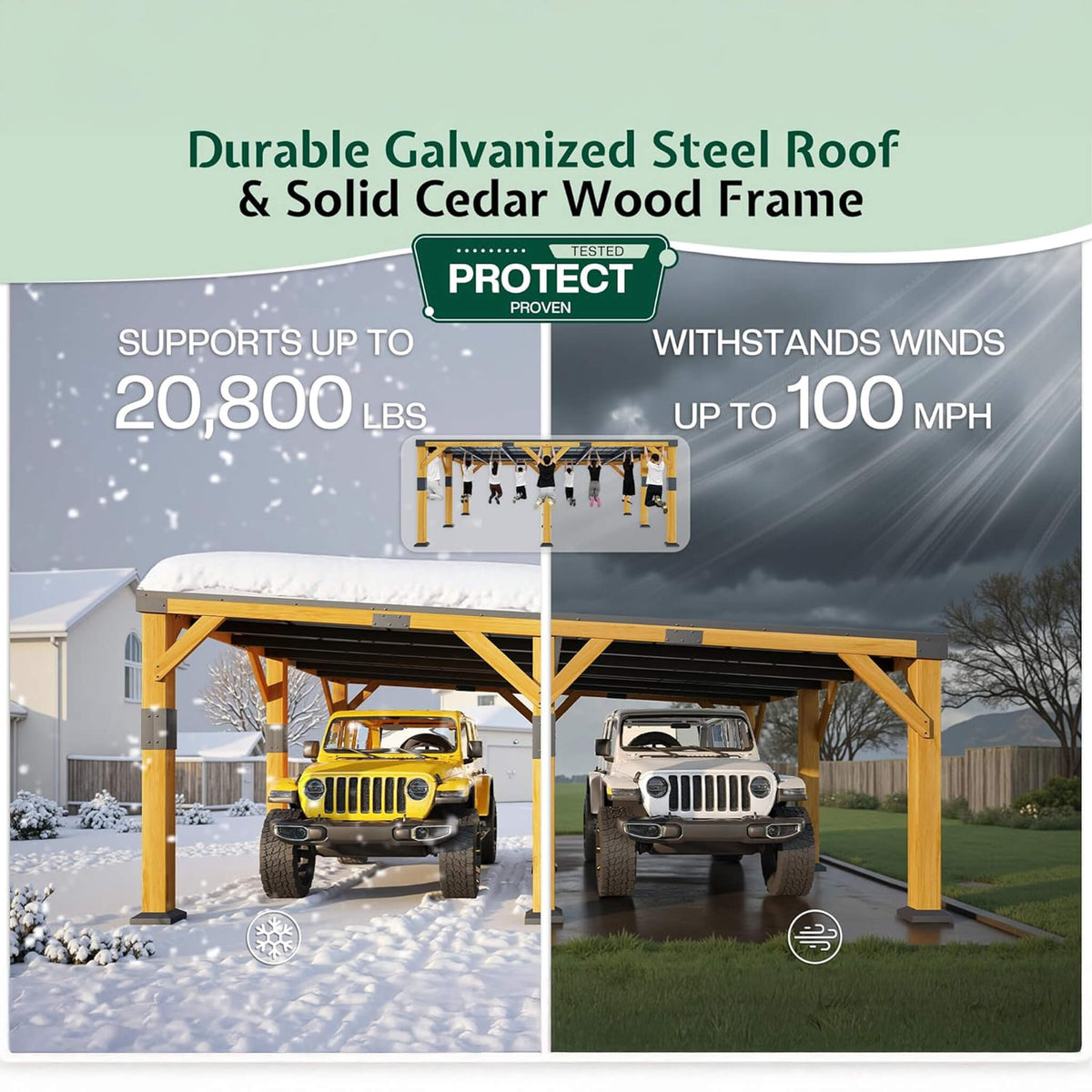 20x20ft Heavy-Duty Cedar Wood Carport with Galvanized Steel Roof