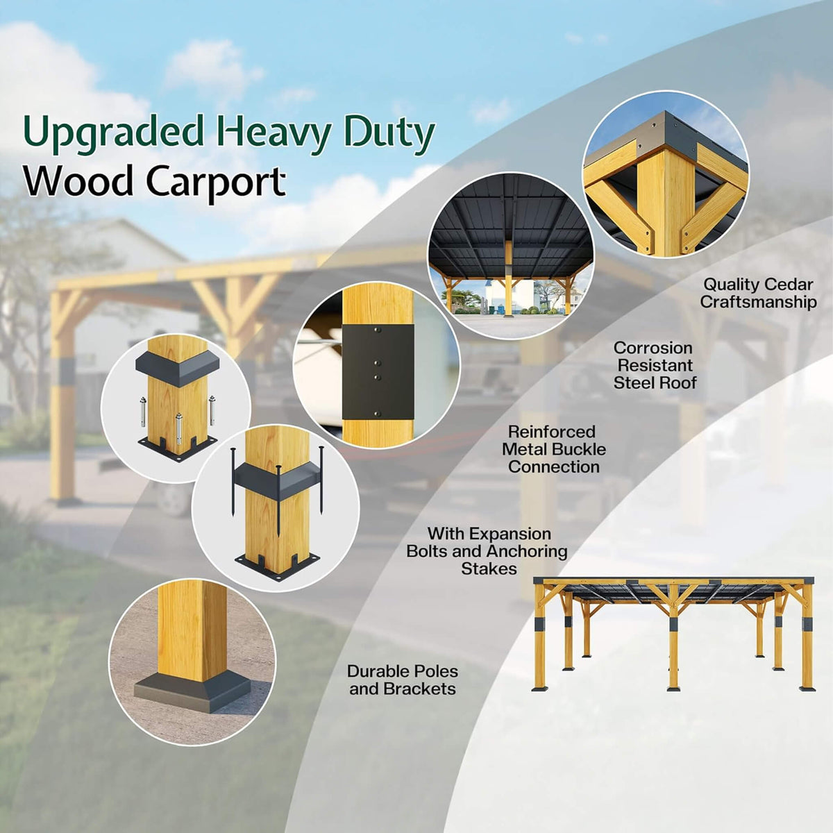 20x20ft Heavy-Duty Cedar Wood Carport with Galvanized Steel Roof