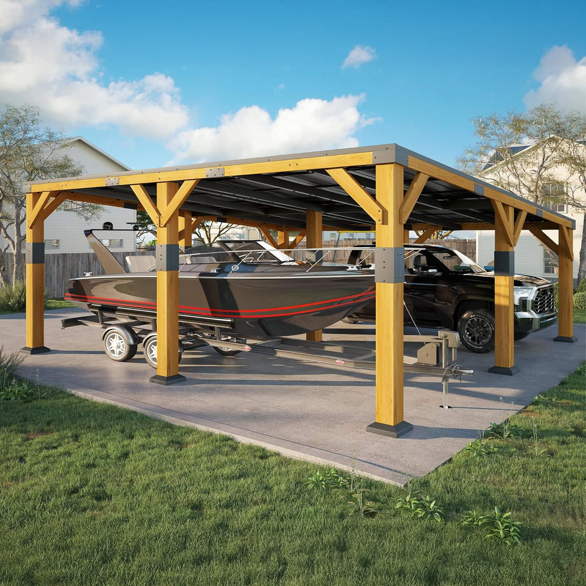 20x20ft Heavy-Duty Cedar Wood Carport with Galvanized Steel Roof