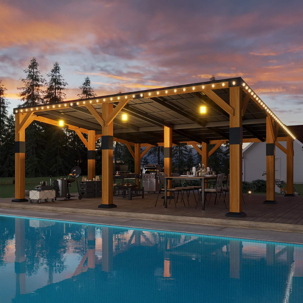 20x20ft Heavy-Duty Cedar Wood Carport with Galvanized Steel Roof