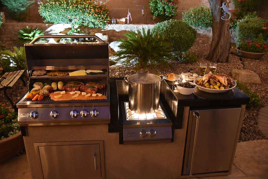 KoKoMo 7'6" BBQ Island with 4-Burner Grill, Wok Burner & Refrigerator