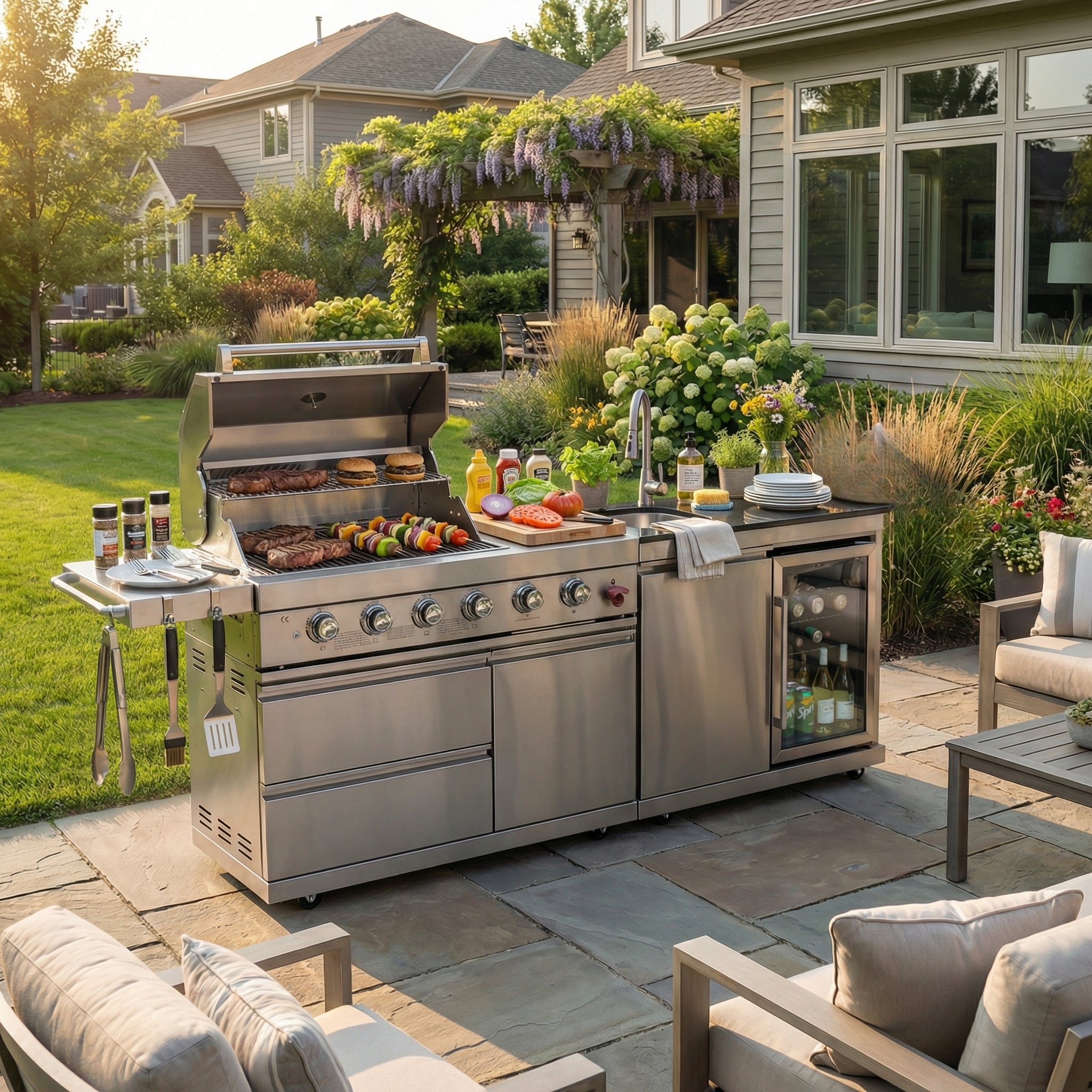 84-Inch Deluxe Stainless Steel Outdoor Kitchen Barbecue Island Grill