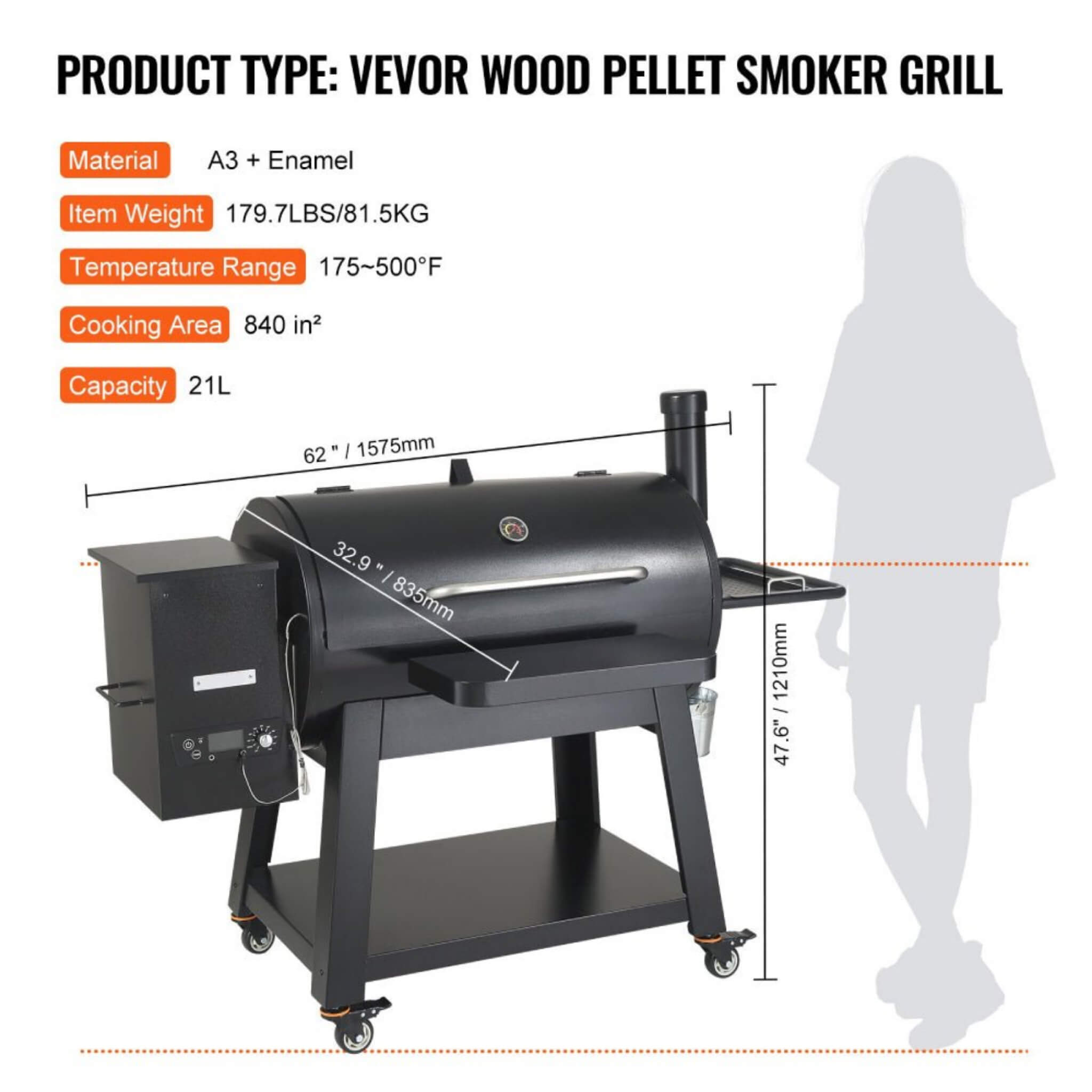 Saksby 62" Heavy Duty Portable Wood Pellet BBQ Grill with Cart