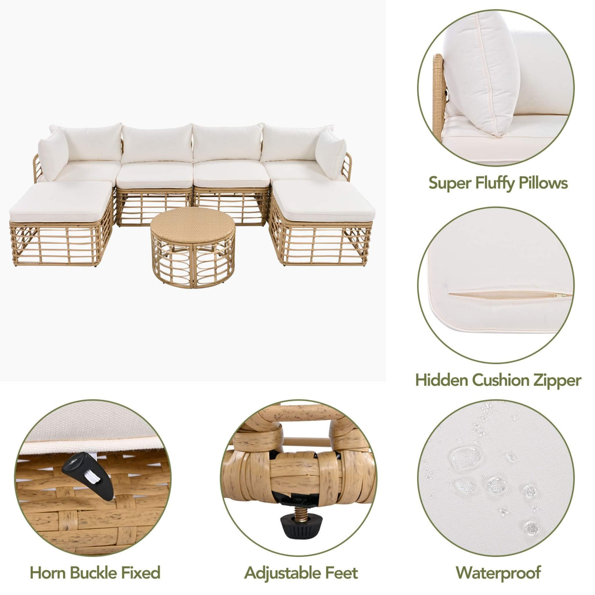 7-Piece Outdoor All-Weather Rattan Patio Sofa Set with Cushions