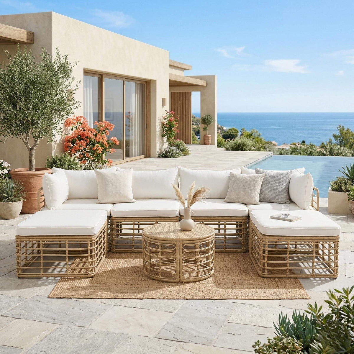 7-Piece Outdoor All-Weather Rattan Patio Sofa Set with Cushions