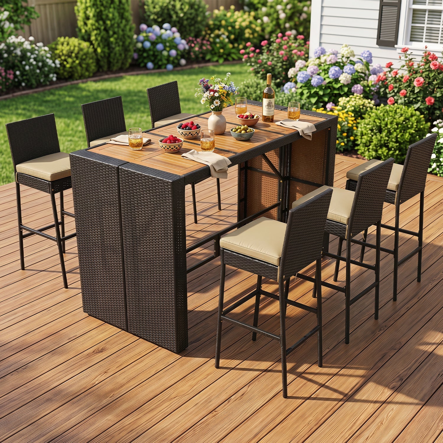7-Piece Outdoor Wicker Bar Set with Acacia Wood Table & Stools