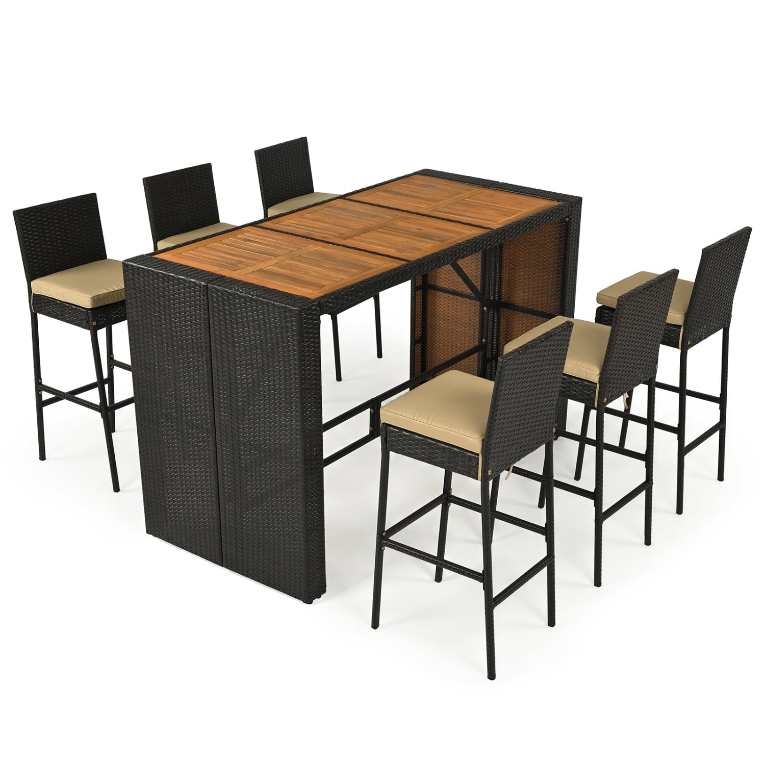 7-Piece Outdoor Wicker Bar Set with Acacia Wood Table & Stools