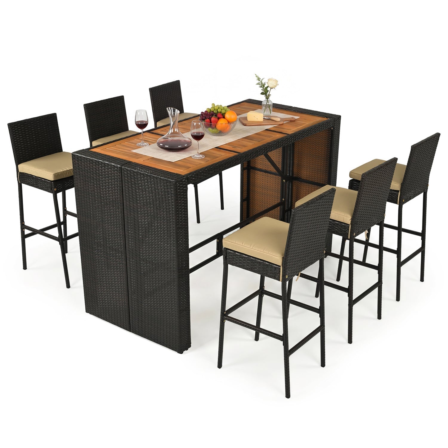 7-Piece Outdoor Wicker Bar Set with Acacia Wood Table & Stools