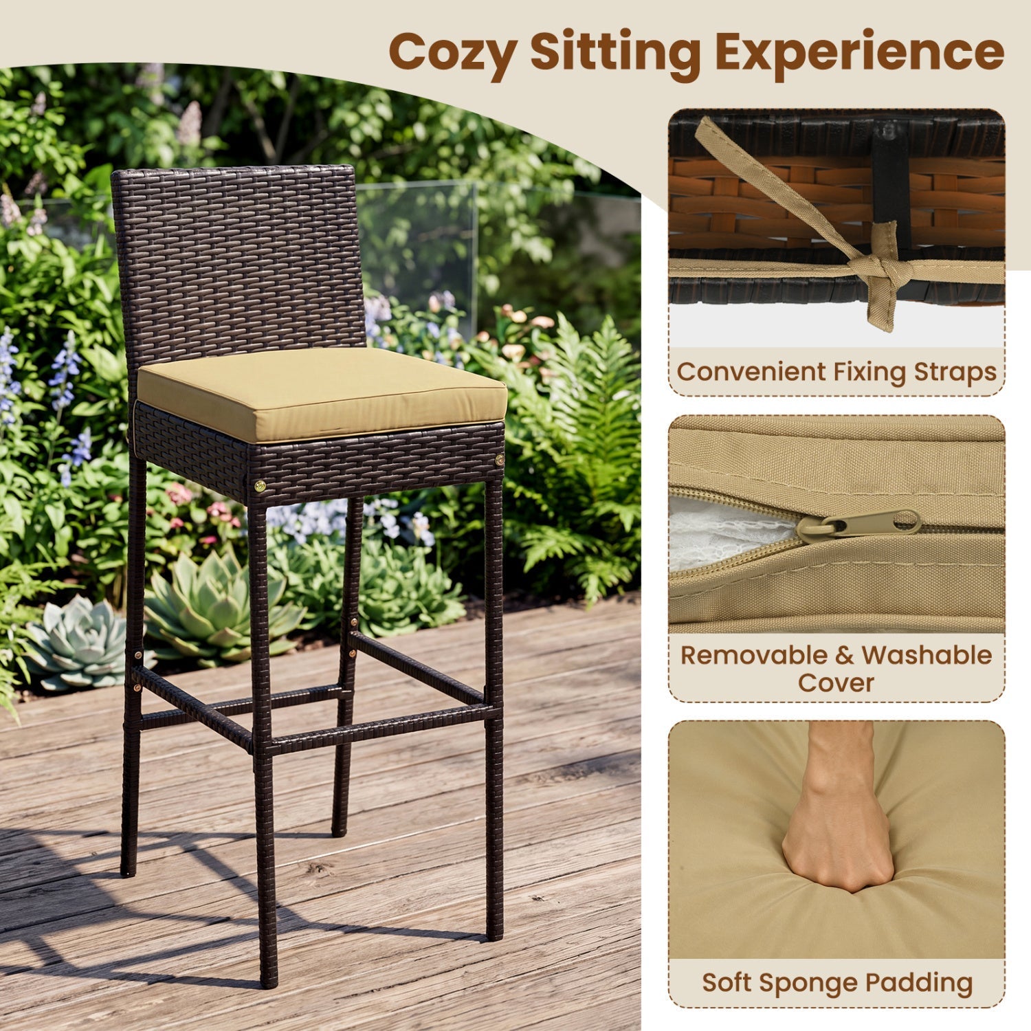 7-Piece Outdoor Wicker Bar Set with Acacia Wood Table & Stools