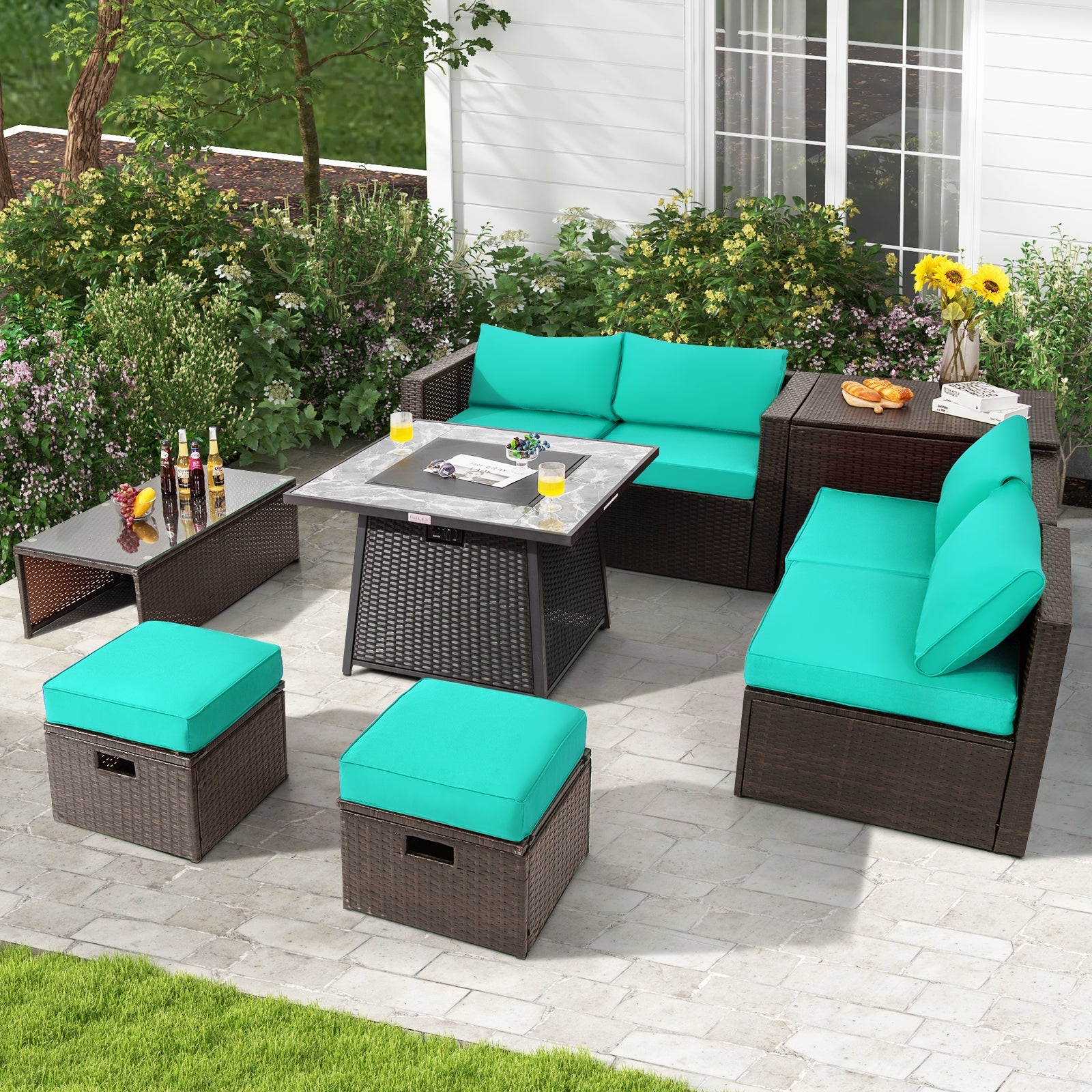 DirectDeals 9-Piece PE Wicker Sectional Set with Fire Pit Table
