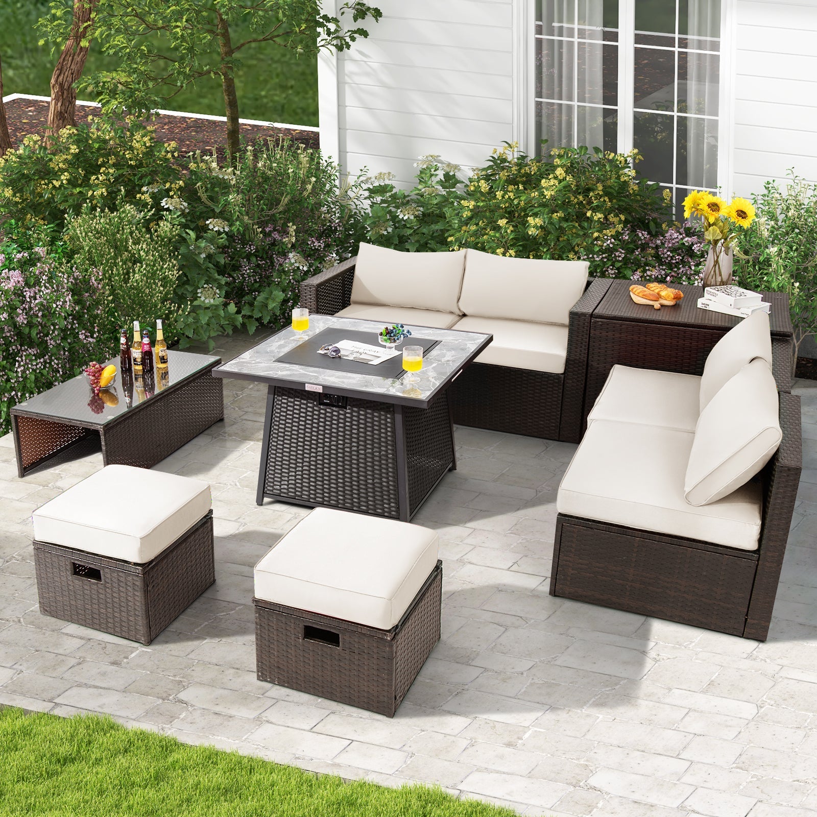 DirectDeals 9-Piece PE Wicker Sectional Set with Fire Pit Table