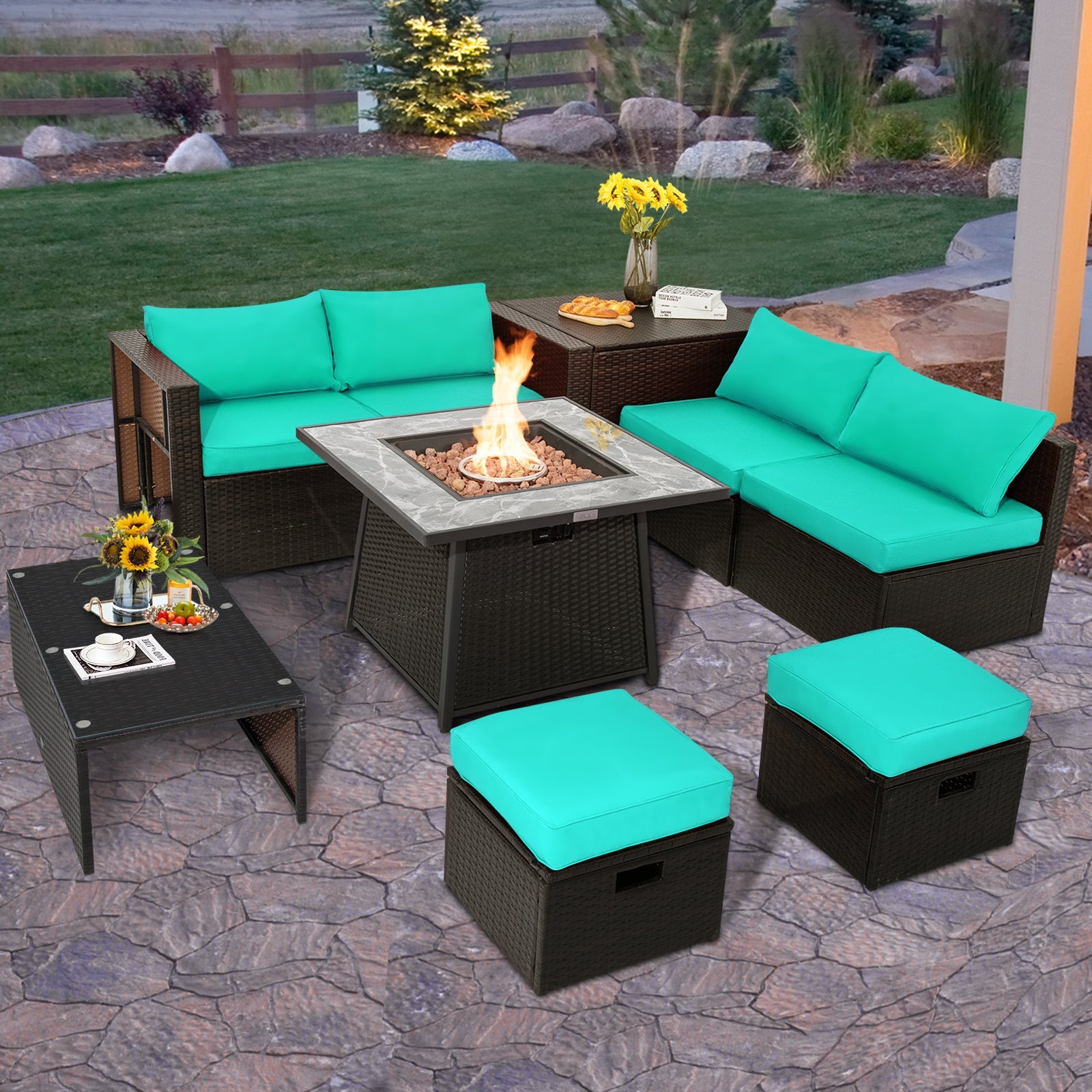 DirectDeals 9-Piece PE Wicker Sectional Set with Fire Pit Table
