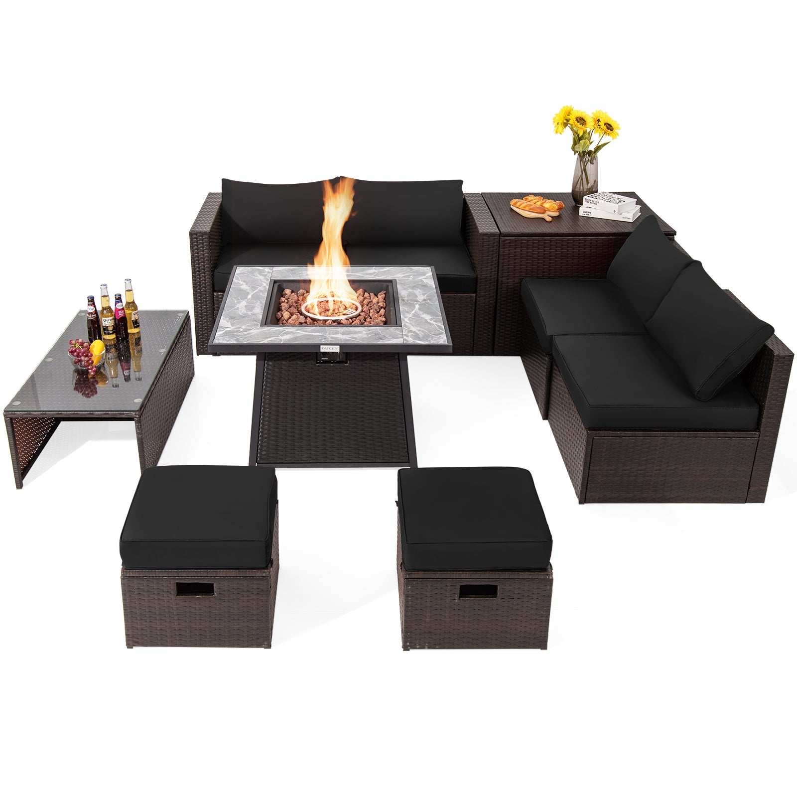 DirectDeals 9-Piece PE Wicker Sectional Set with Fire Pit Table