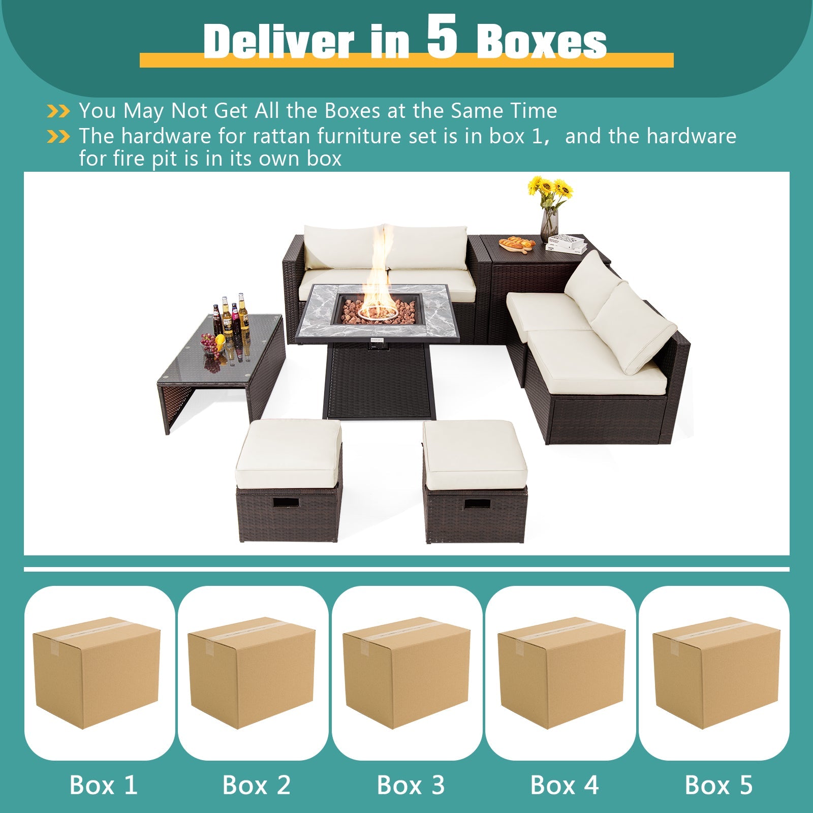 DirectDeals 9-Piece PE Wicker Sectional Set with Fire Pit Table