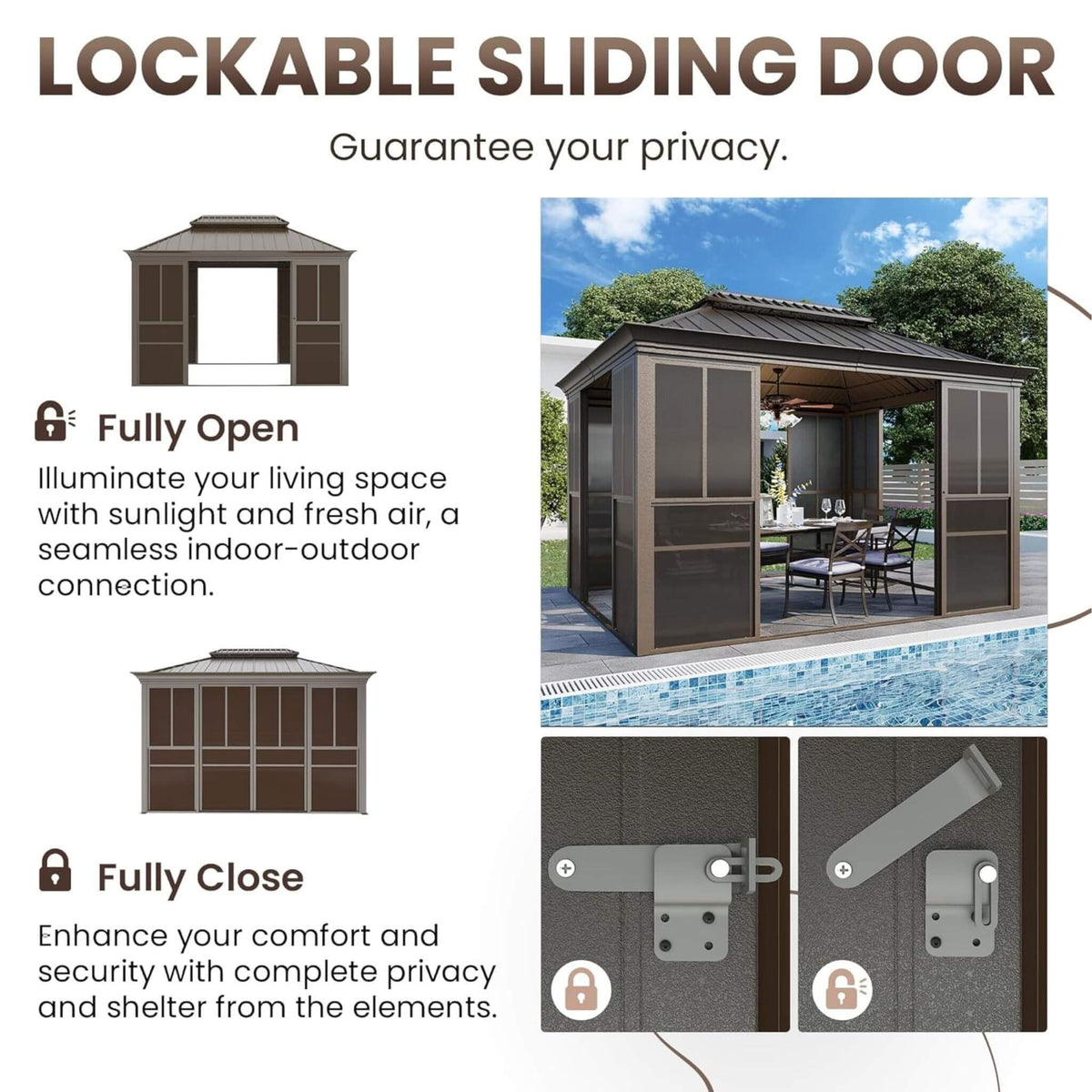 Alora Fully Enclosed Black Sunroom with Lockable Sliding Doors & Double Steel Roof