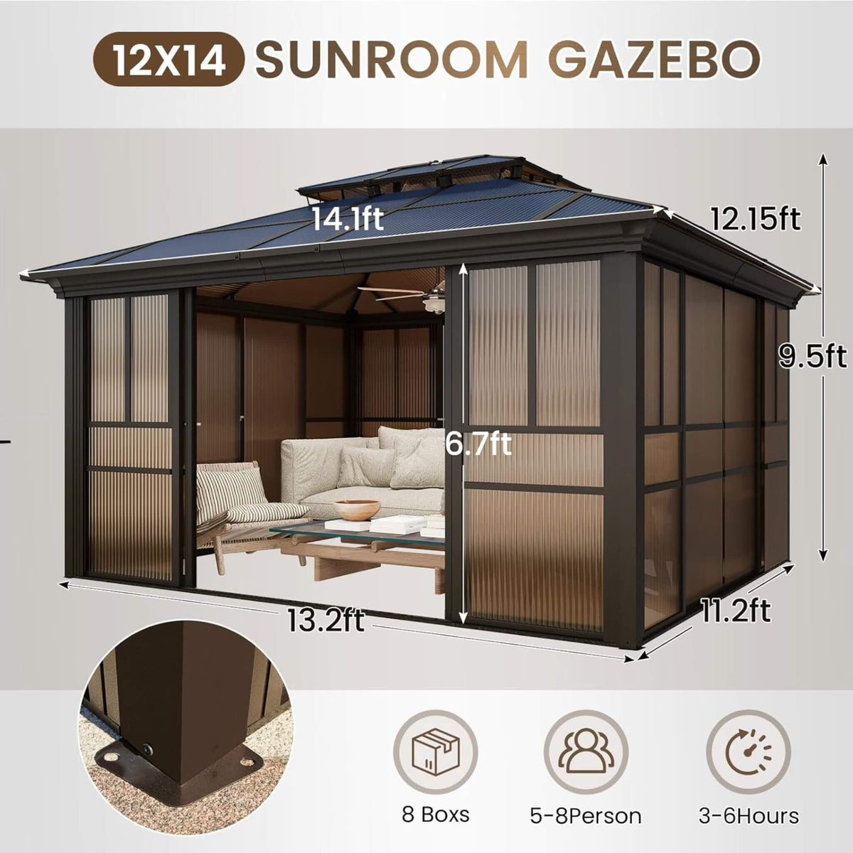 Heavy-Duty Aluminum Frame Backyard Solarium with Polycarbonate Roof & Adjustable Panels