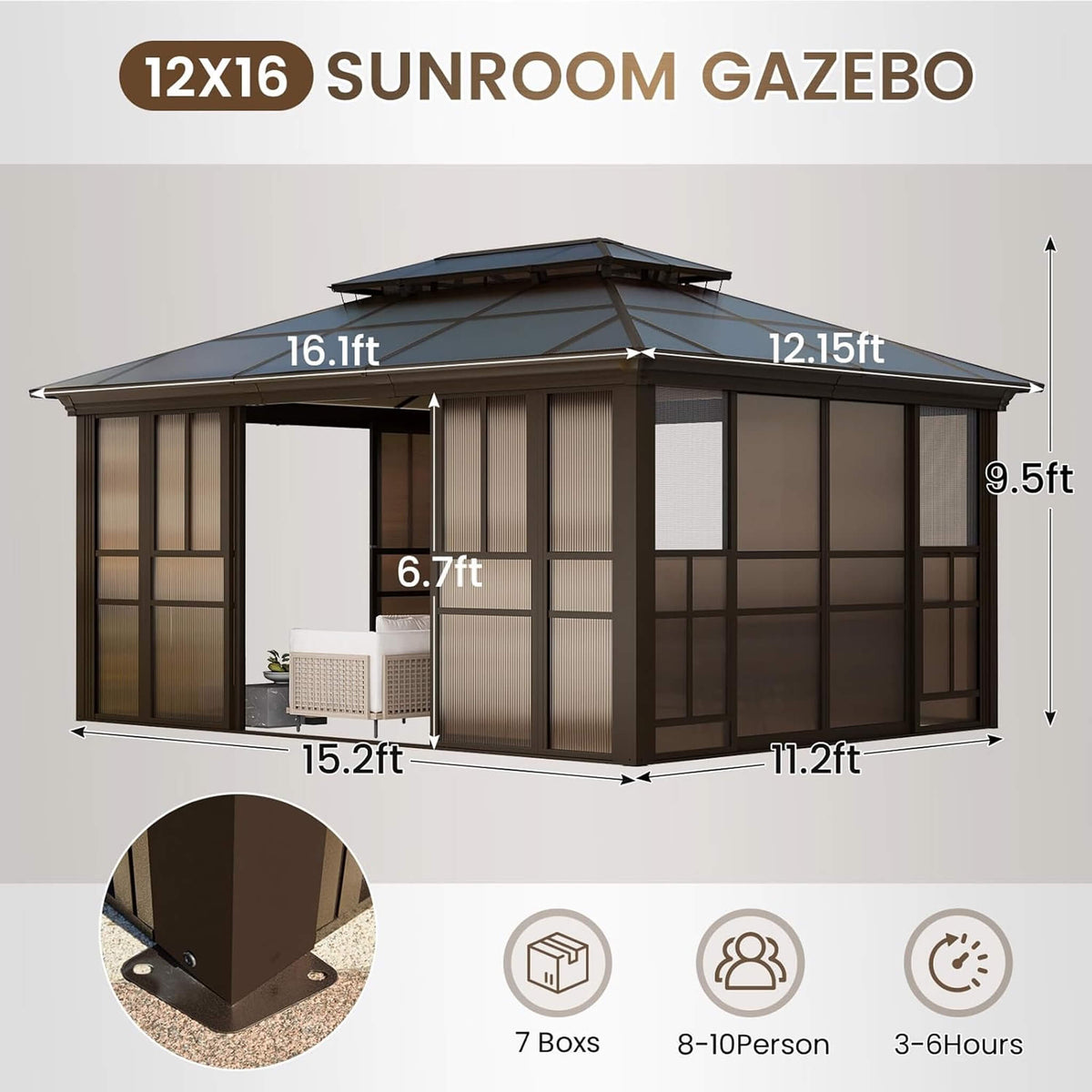 Heavy-Duty Aluminum Frame Backyard Solarium with Polycarbonate Roof & Adjustable Panels