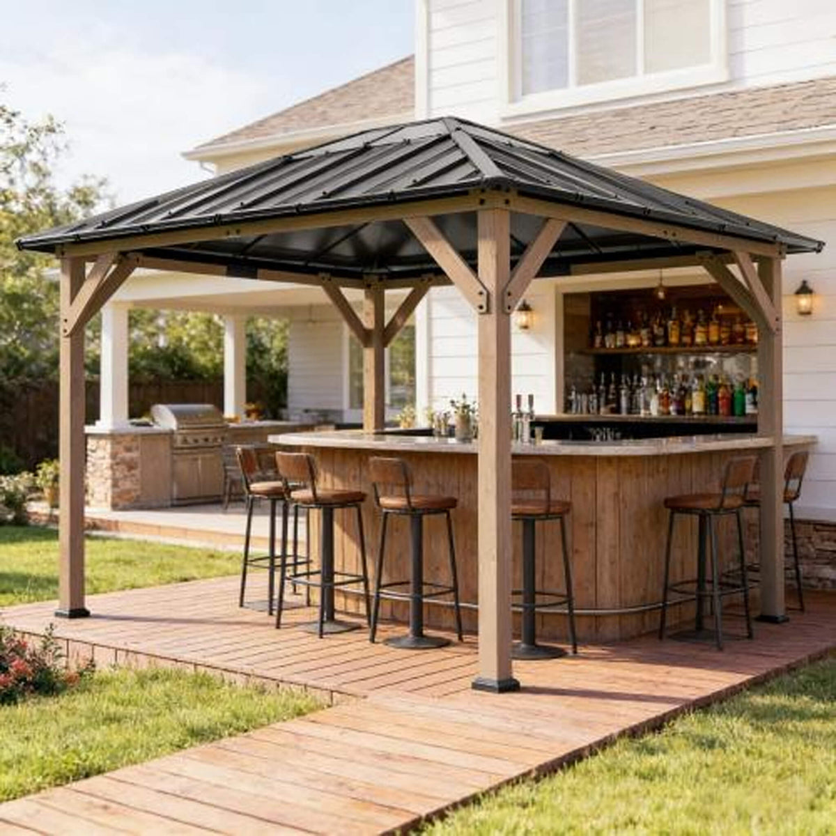 8x10ft Heavy-Duty Fir Wood Hardtop Gazebo with Galvanized Steel Roof