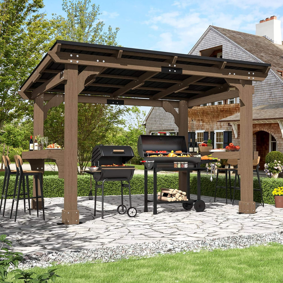 Heavy-Duty Wooden Grill Gazebo with Sloped Metal Roof