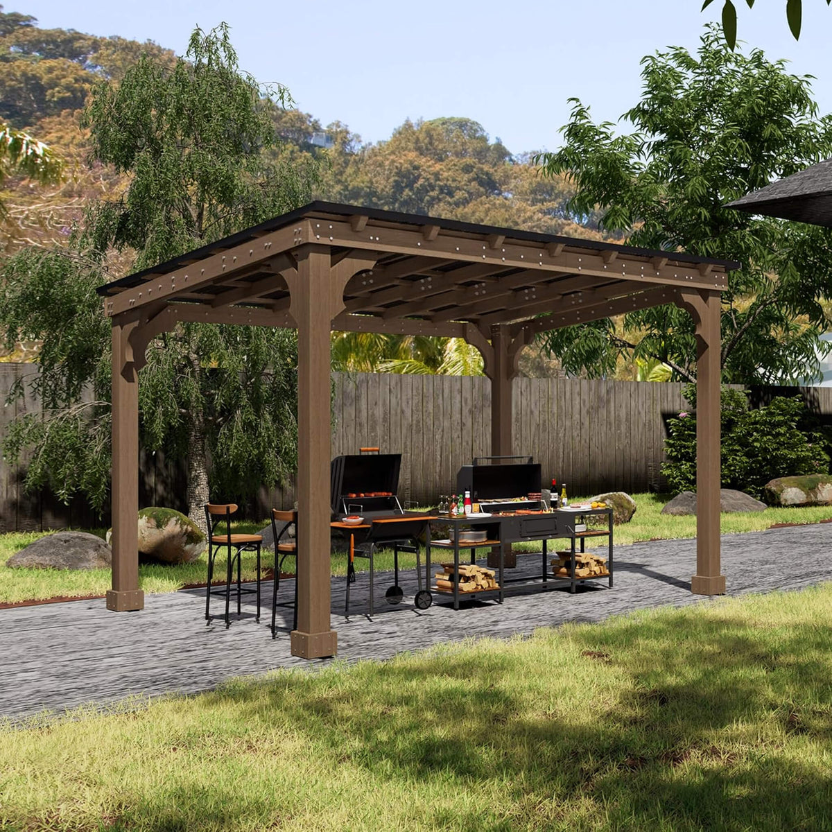 Heavy-Duty Wooden Grill Gazebo with Sloped Metal Roof
