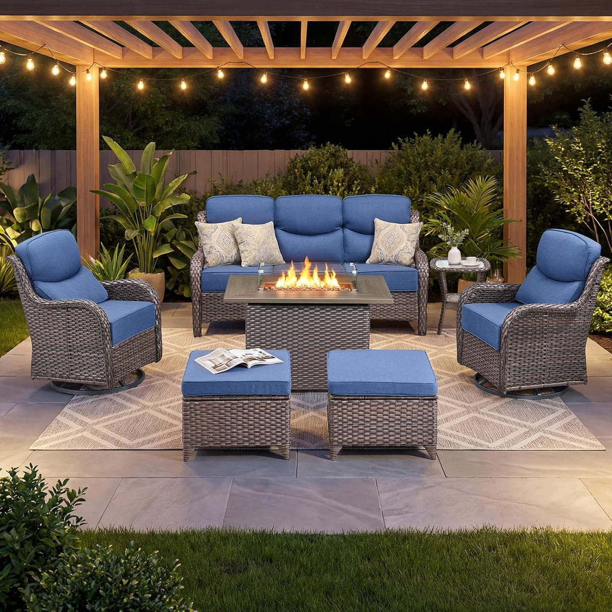 Luxury 7-Piece Outdoor Patio Furniture Set with Fire Pit Table
