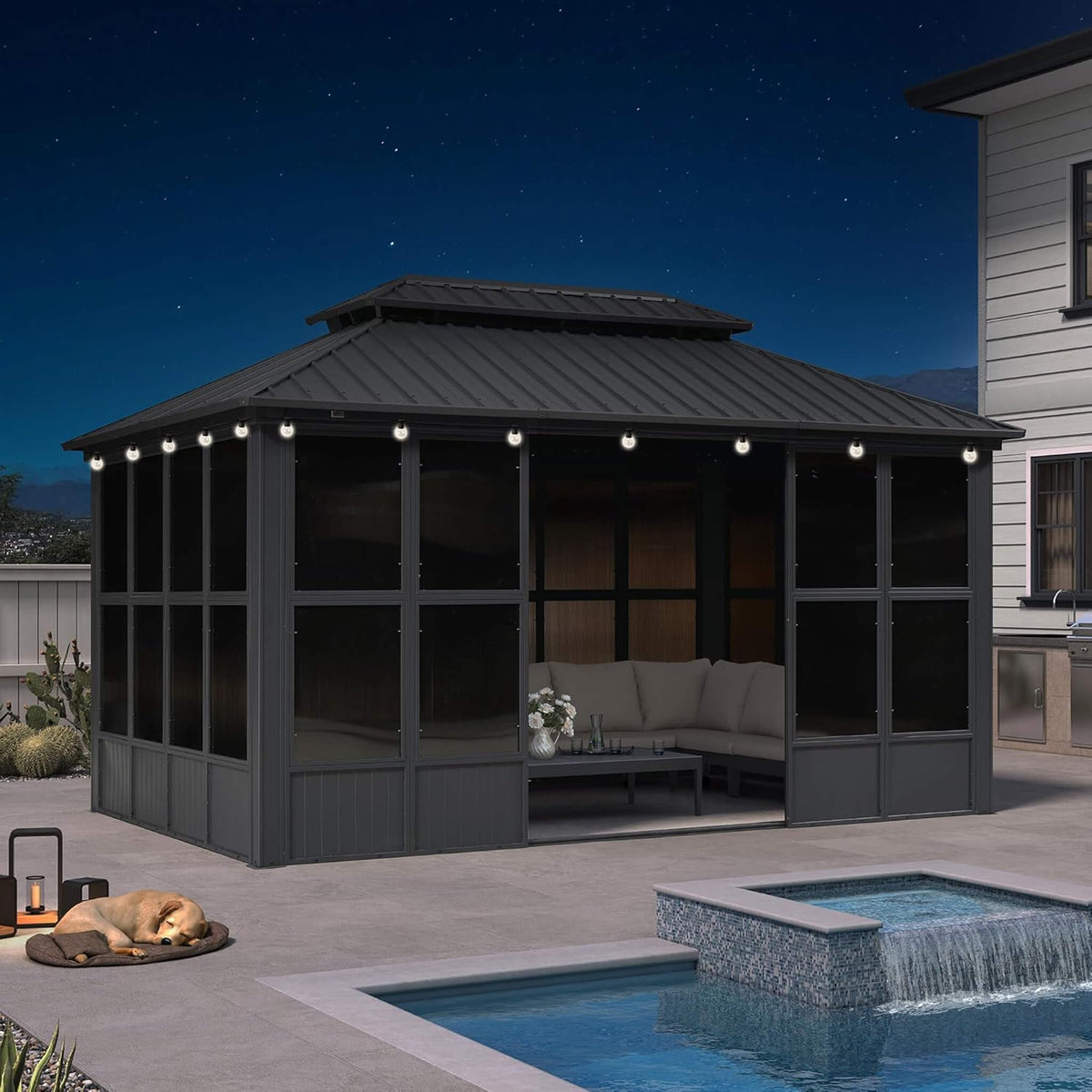 Outdoor Hardtop Aluminum Solarium with Sliding Doors & Removable PC Screens