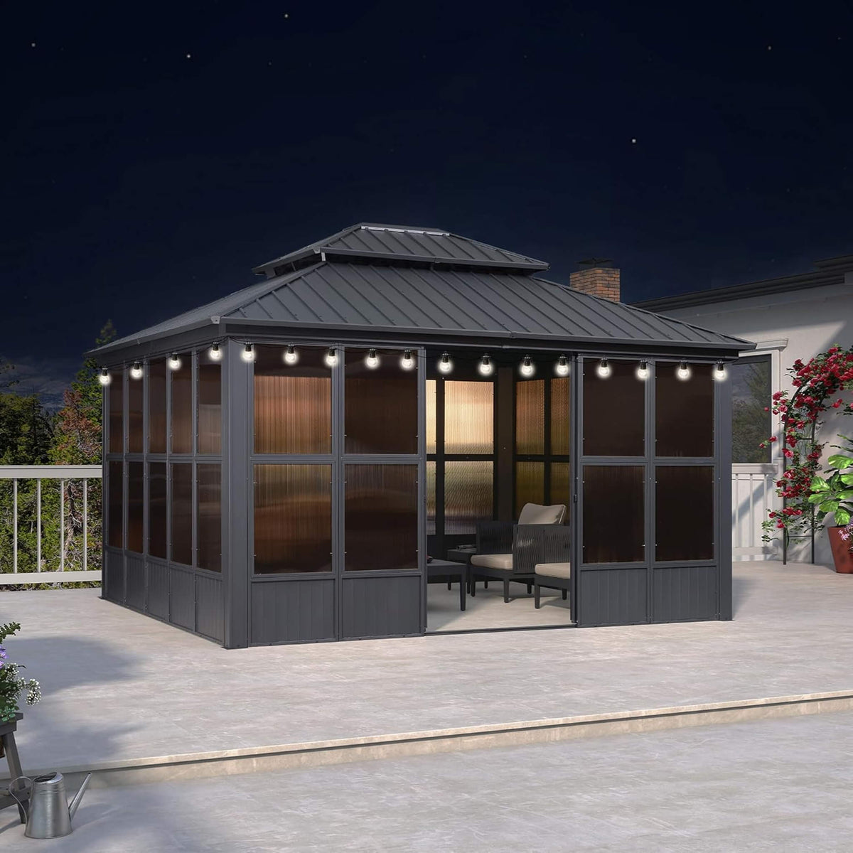 Outdoor Hardtop Aluminum Solarium with Sliding Doors & Removable PC Screens