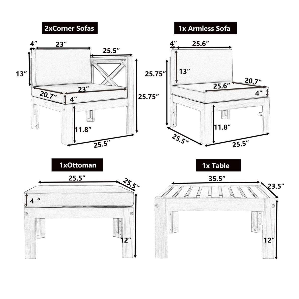 5-Piece Outdoor Hardwood X-Back Sectional Sofa Set with Cushions