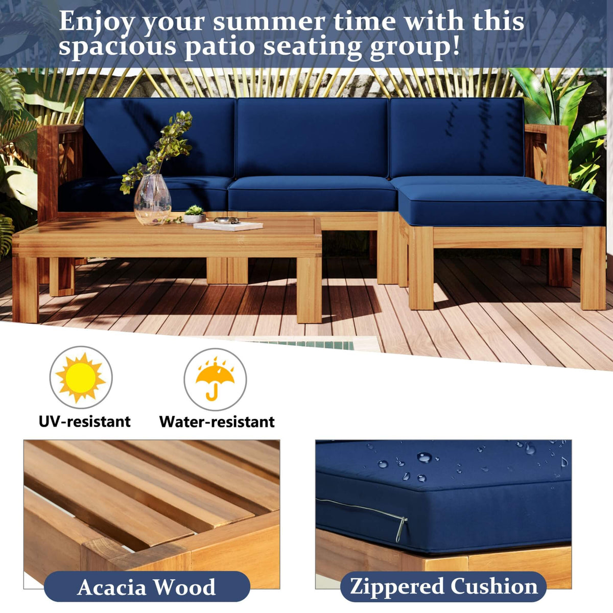 5-Piece Outdoor Hardwood X-Back Sectional Sofa Set with Cushions